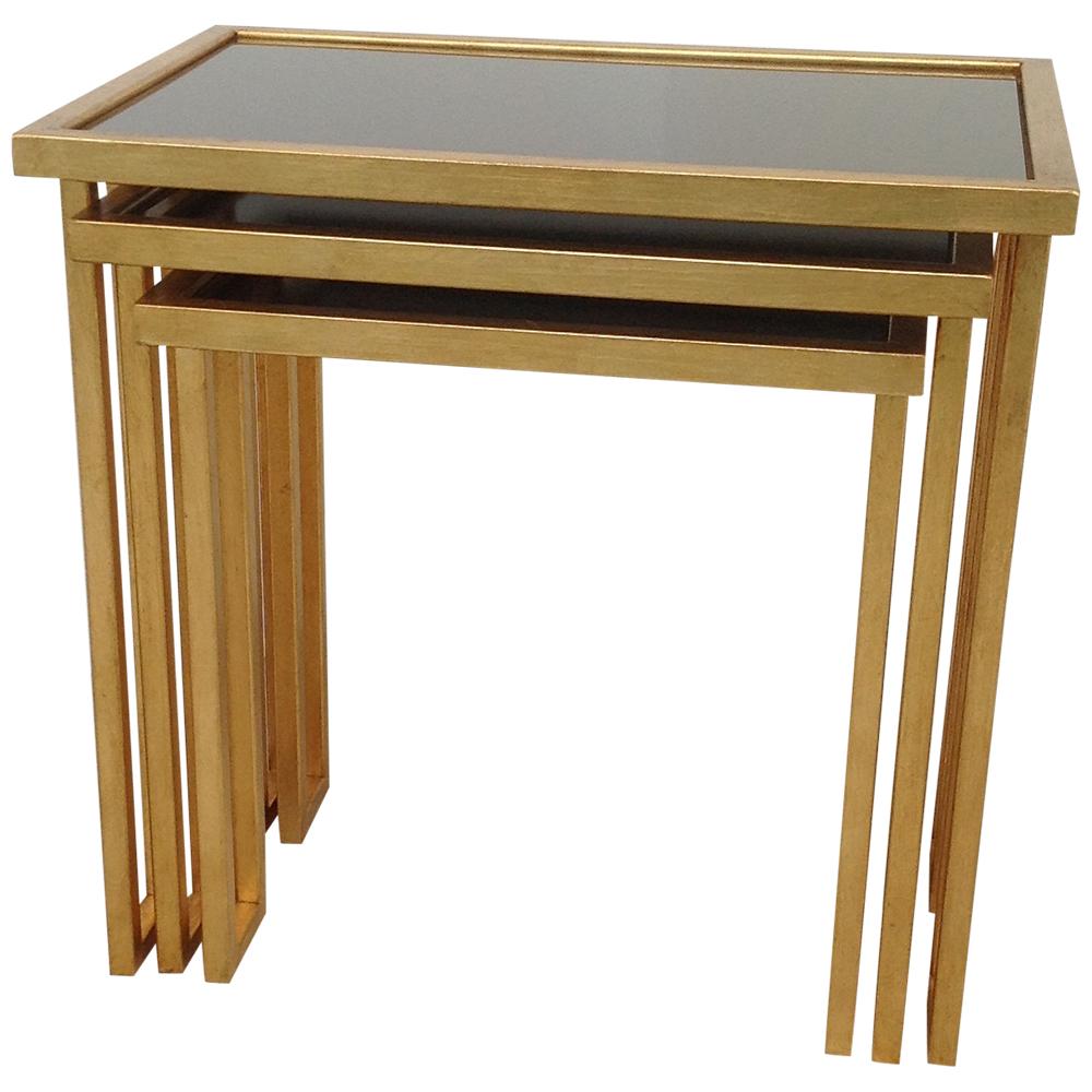 Italian Unique Wrought Iron Nesting Tables in 24 Ct Gold Leaf with Bronze Glass Tops For Sale