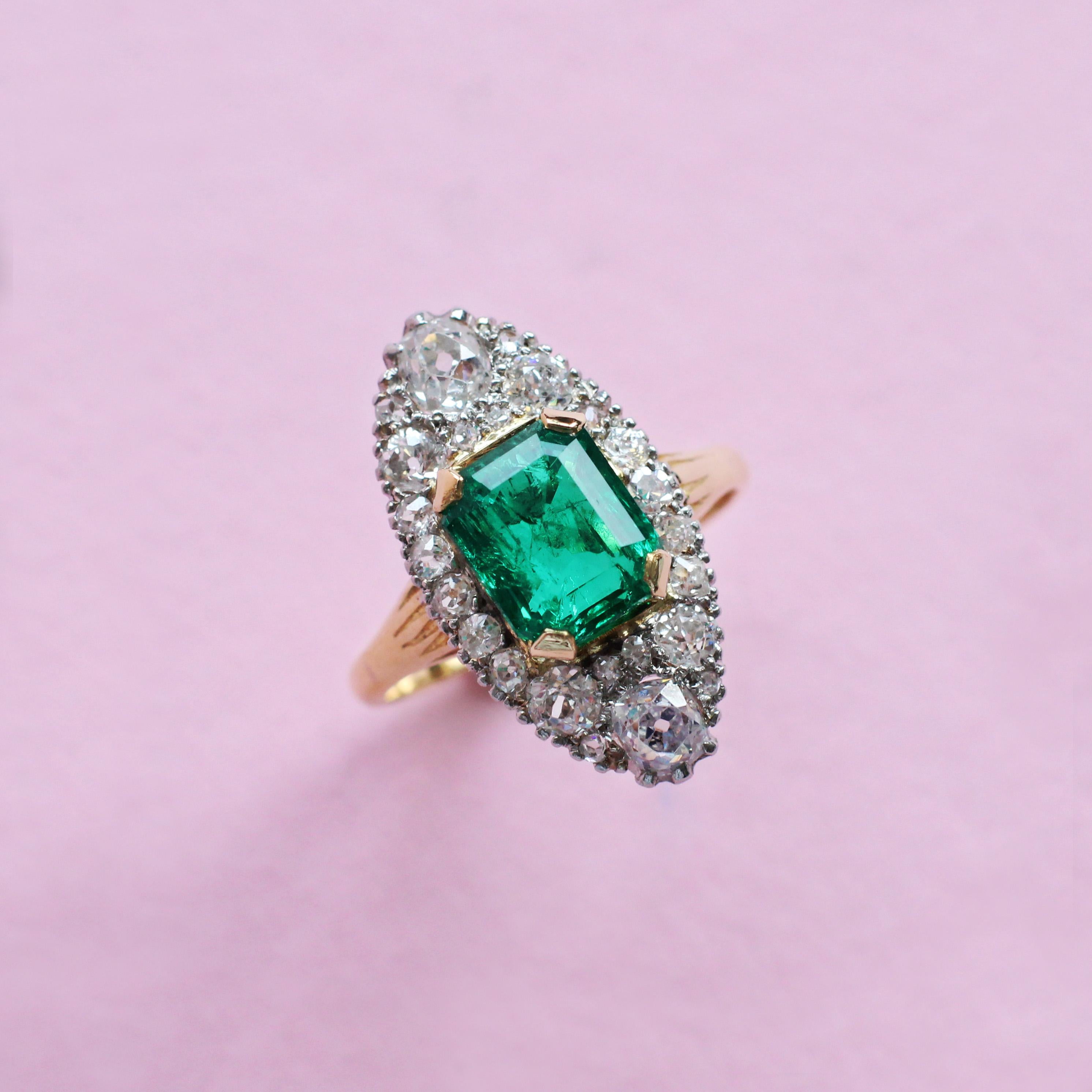 A ring quite unlike any other, this vintage-style piece was handmade in the Haruni atelier, designed to evoke sophistication and old-school glamour. At its centre is a vivid green emerald in a timeless octagon cut, while the white diamond surround