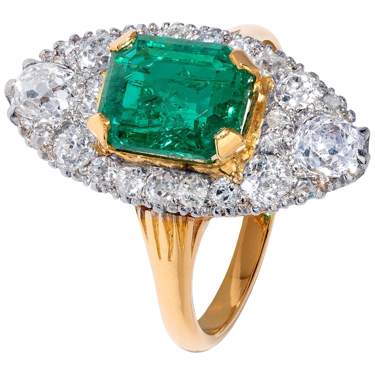 Unique Yellow Gold 2.49 Carat Emerald Ring with White Diamonds For Sale