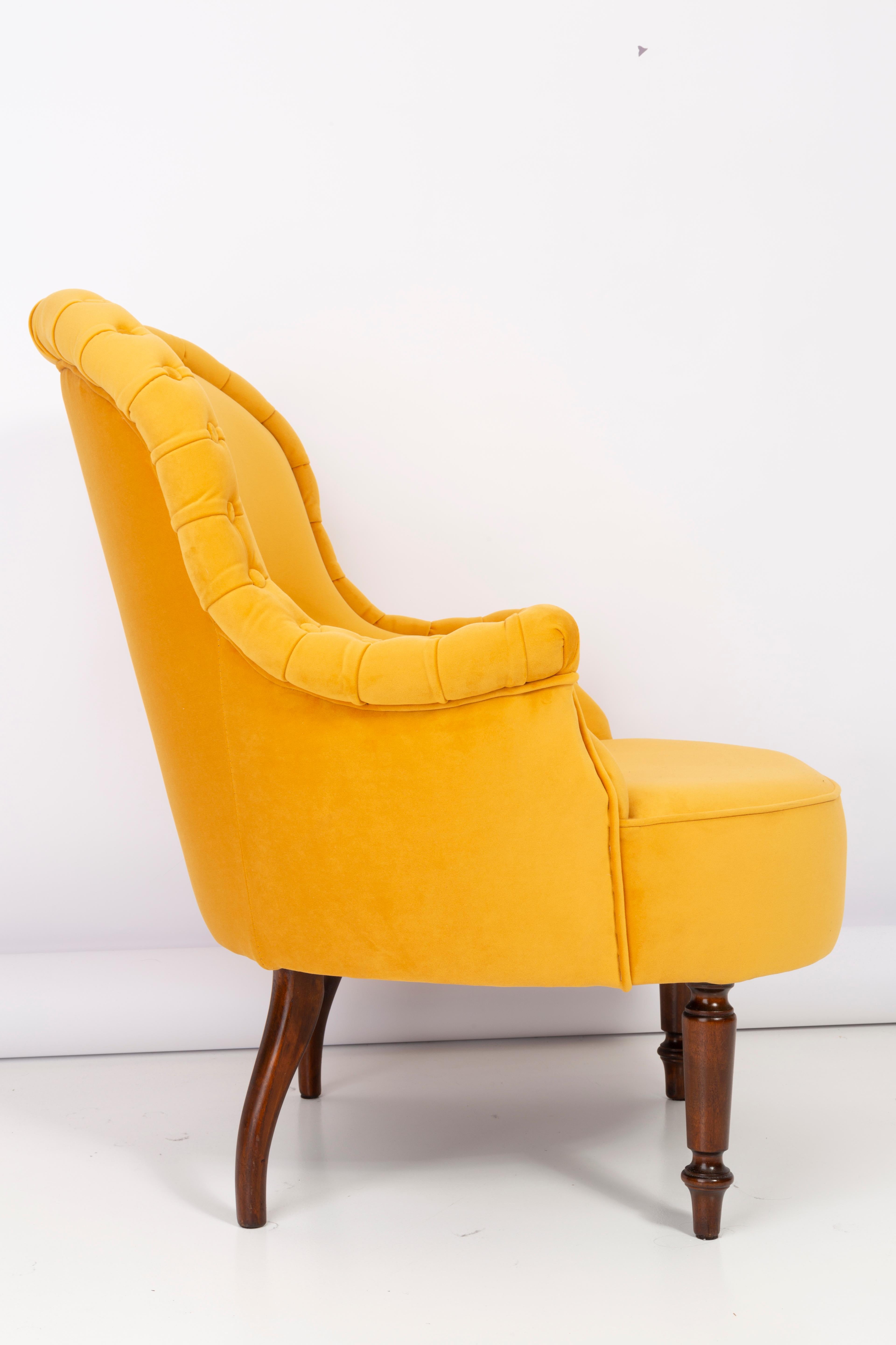 German armchair produced in the 1930s in Berlin. The armchair is after a thorough renovation of upholstery and carpentry. The wooden legs are thoroughly cleaned and covered with a semi-matte varnish in the color of a nut. The upholstery is made of