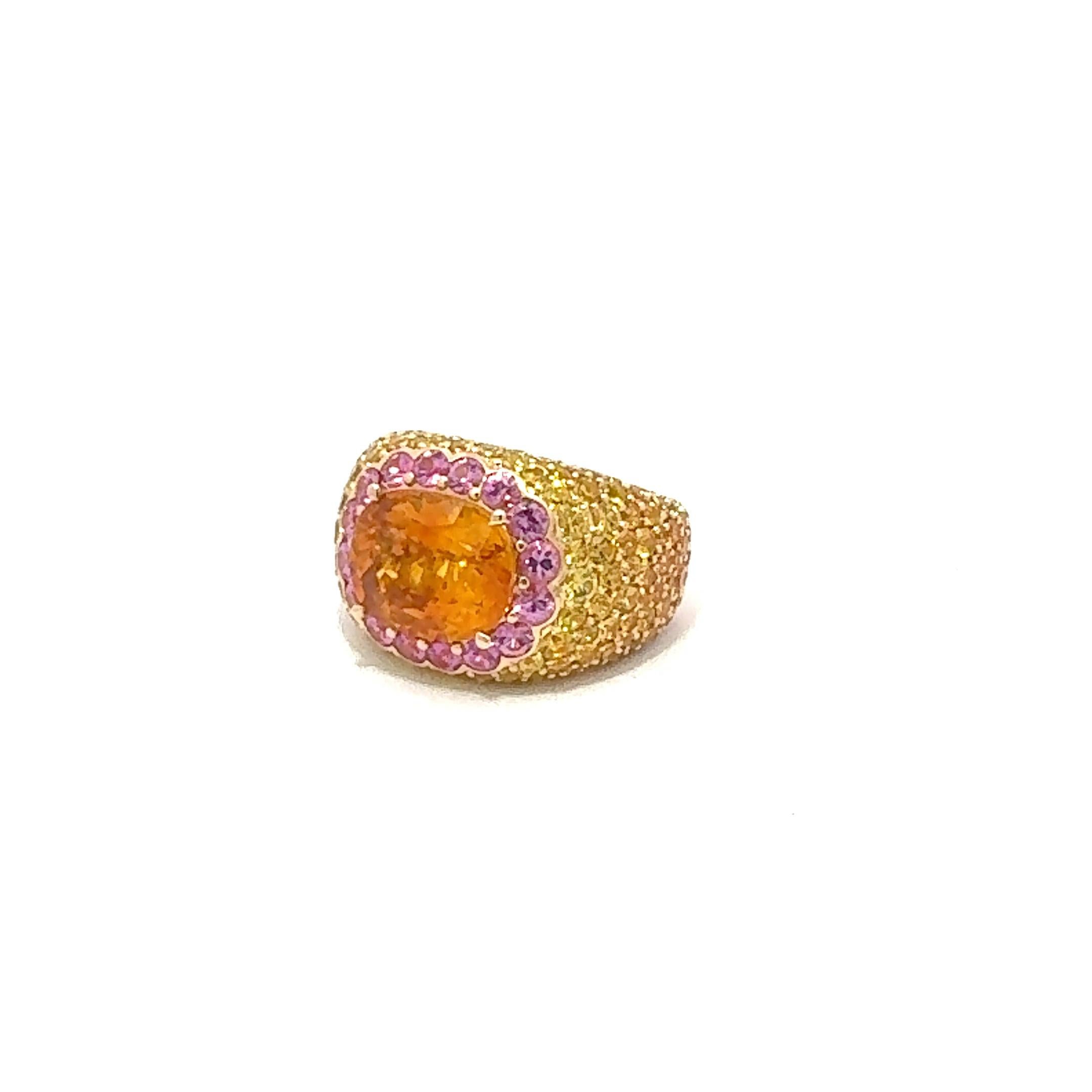 Modern Unique Yellow Pink Orange Sapphire Yellow 18K Gold Ring For Her For Sale