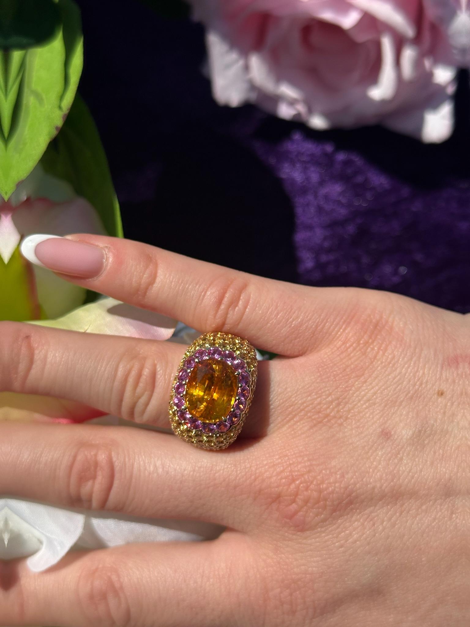 Rough Cut Unique Yellow Pink Orange Sapphire Yellow 18K Gold Ring For Her For Sale