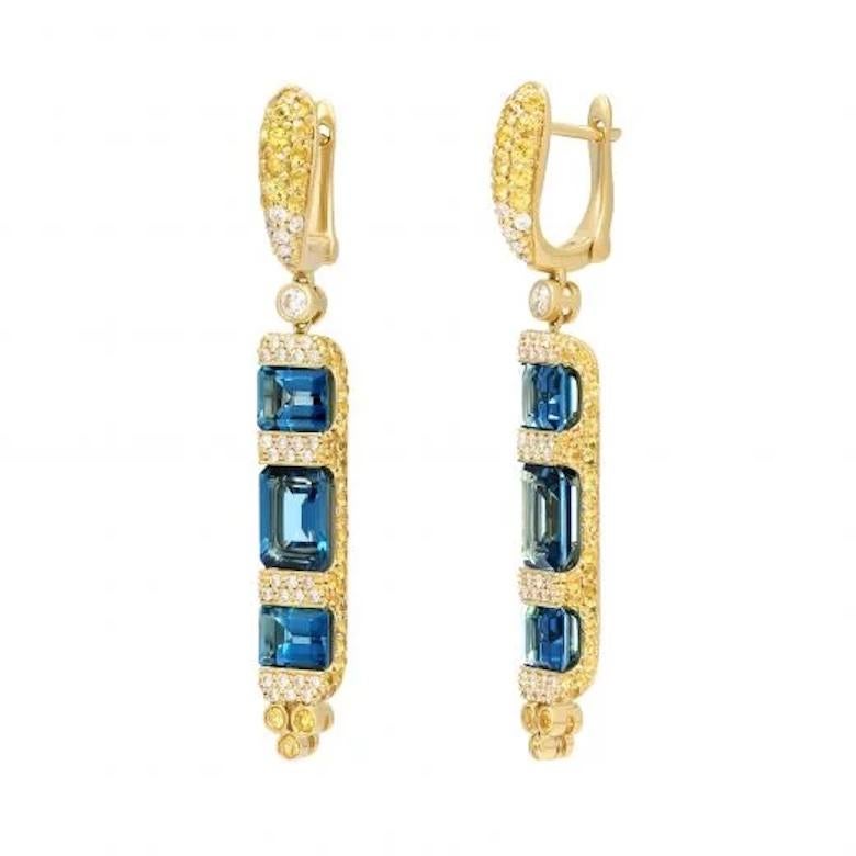 Women's Unique Yellow Sapphire Topaz White Diamond Yellow Gold 18 Karat Dangle Earrings For Sale