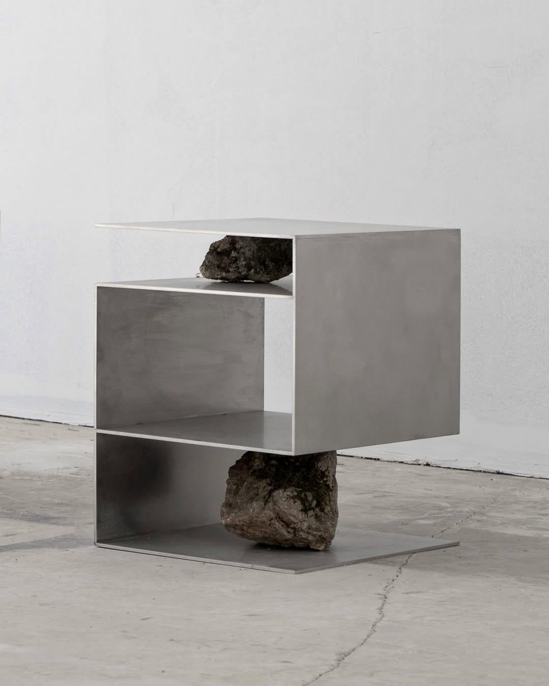 Contemporary Unique Z Letter Shape, Stainless Steel Stool with Natural Stones by Lee Sisan For Sale
