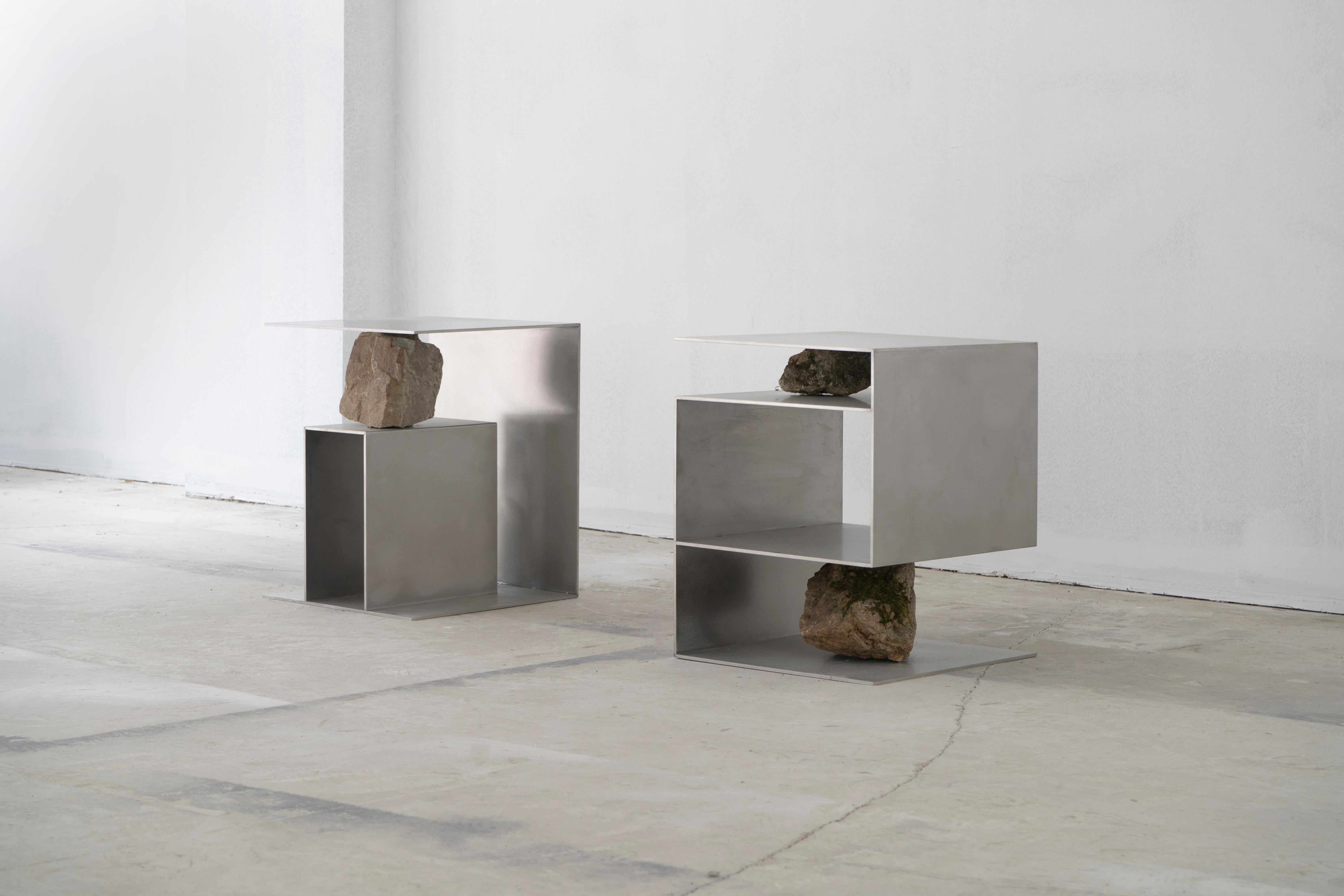 Unique Z Letter Shape, Stainless Steel Stool with Natural Stones by Lee Sisan For Sale 2