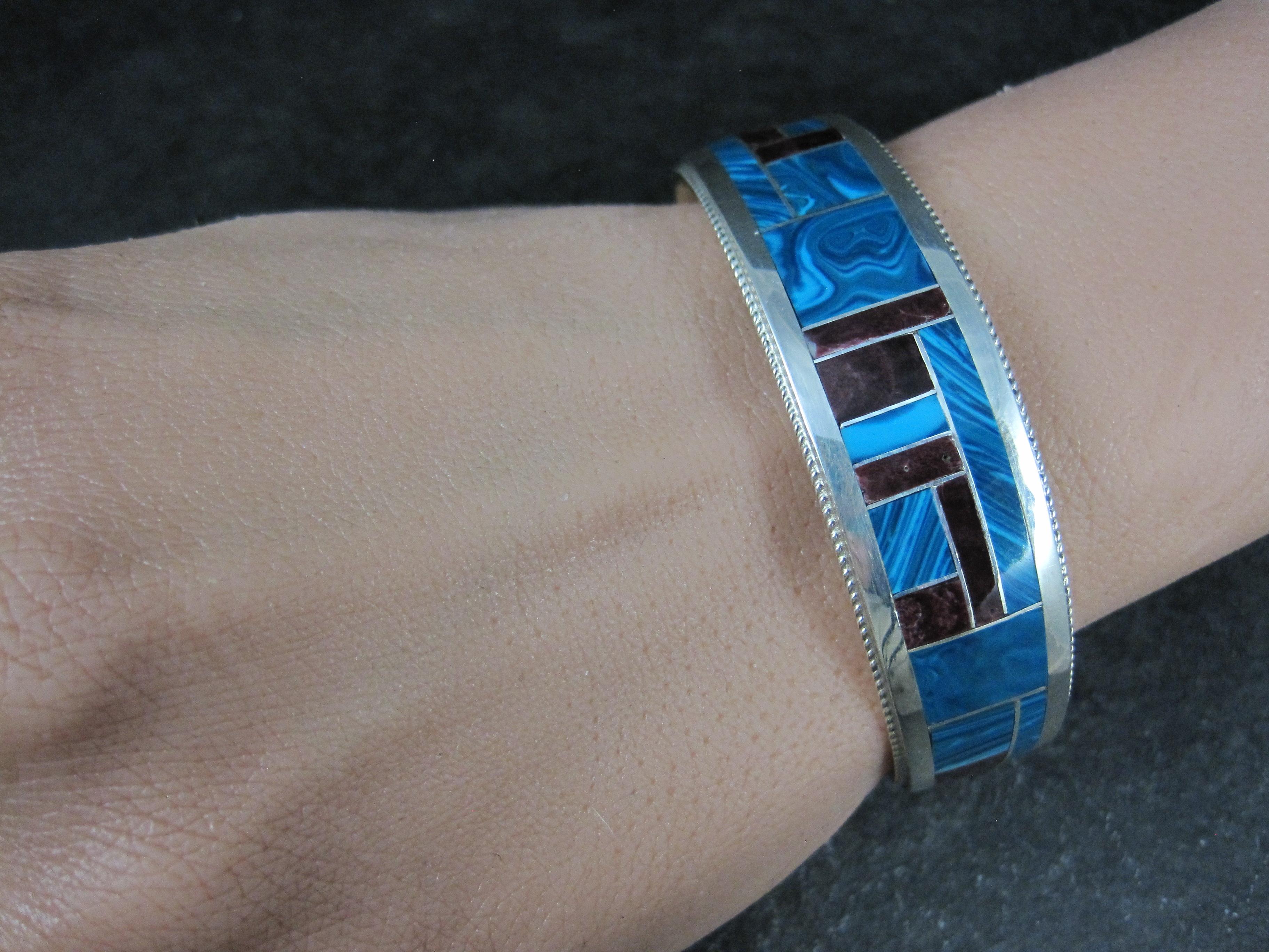 Bracelet manchette unique de Zuni avec incrustation de chrysocolle et d'huîtres épineuses 6