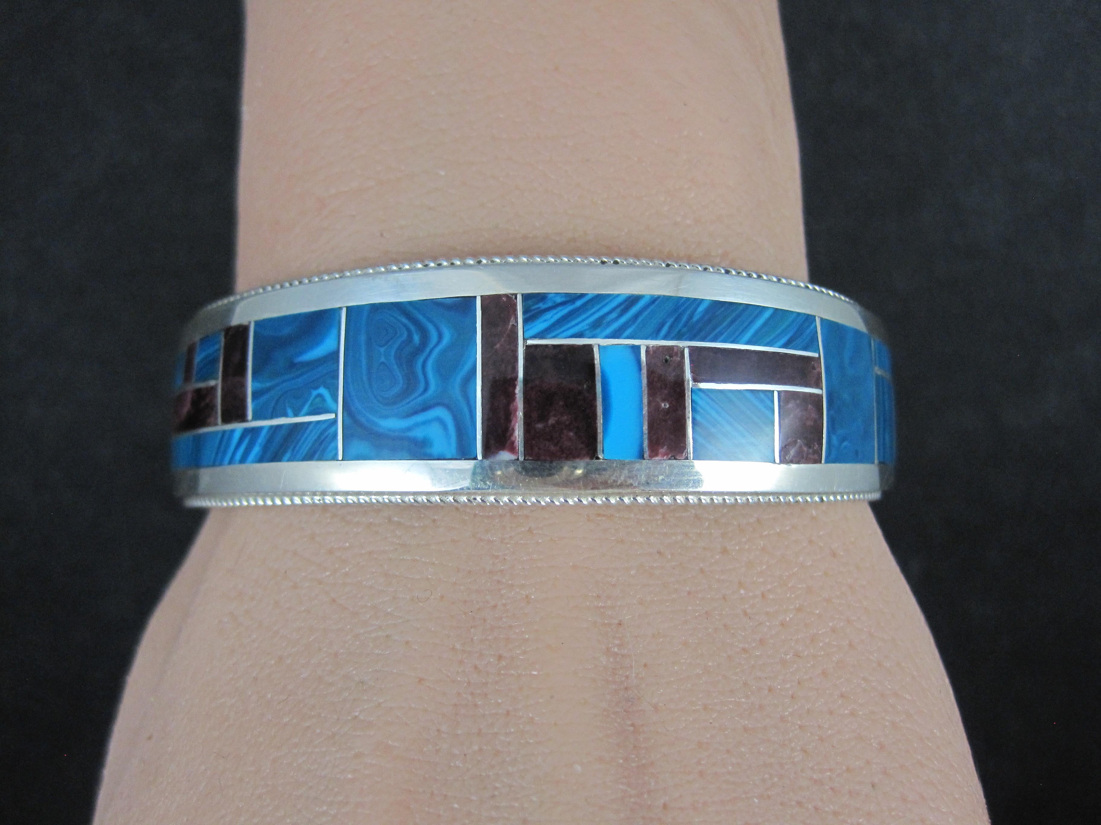 Bracelet manchette unique de Zuni avec incrustation de chrysocolle et d'huîtres épineuses 6