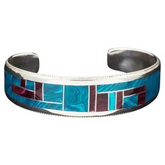 Unique Zuni Chrysocolla & Spiny Oyster Inlay Cuff Bracelet 6"