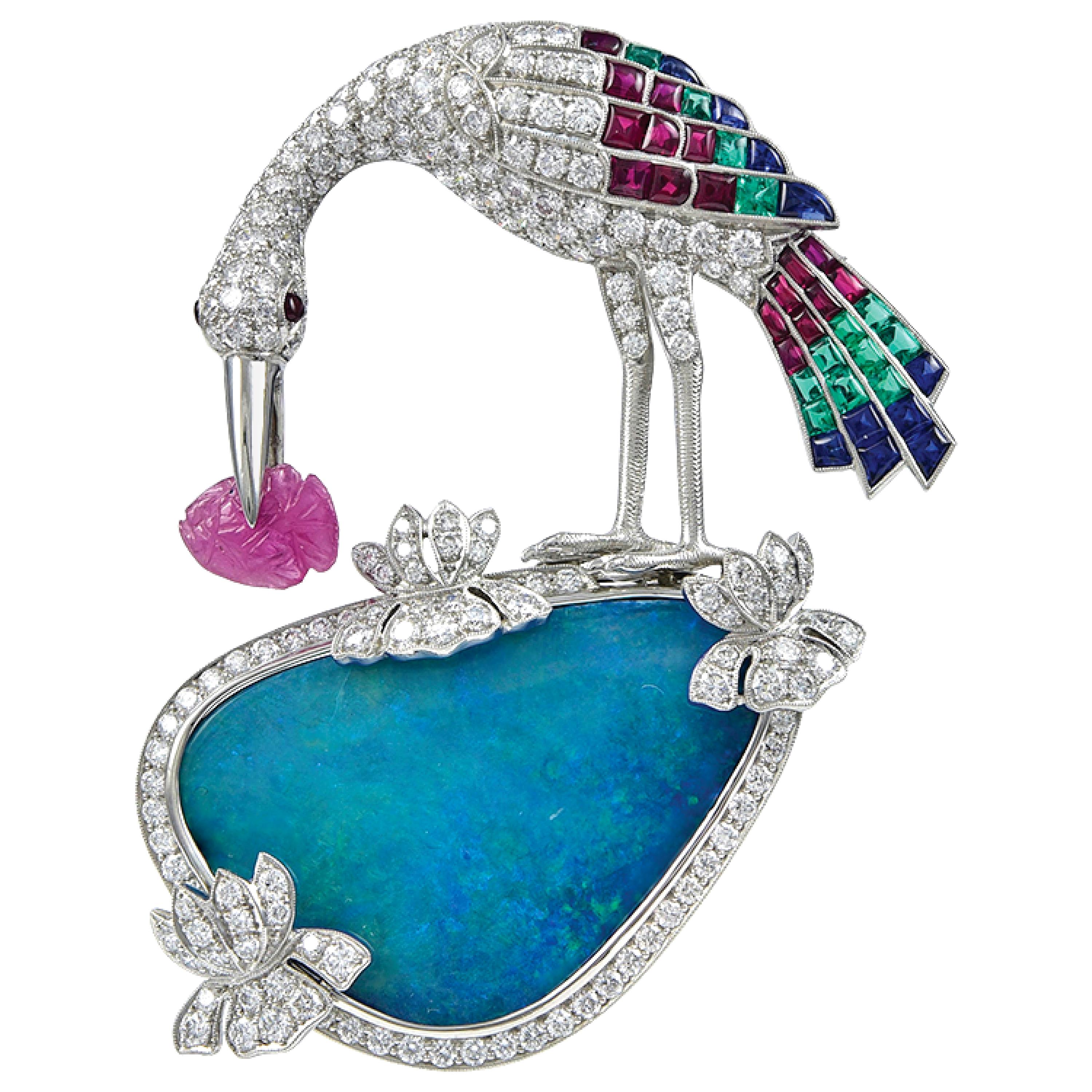 Sophia D, 12.89 Carat Opal Bird Brooch with Diamonds and Gemstones  For Sale