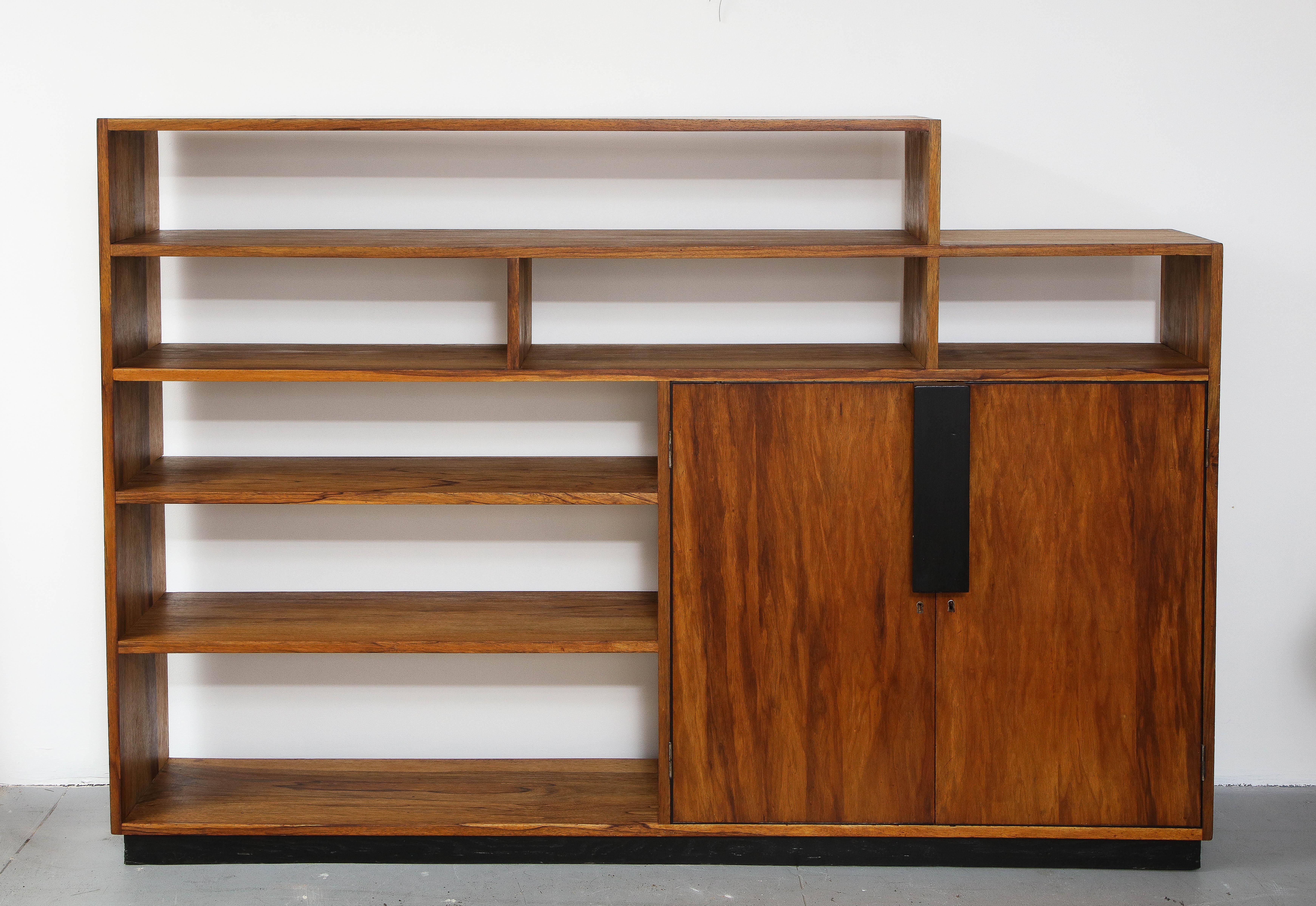 Uniquely made for an architect, hand-crafted solid wood bookcase & cabinet, Brussels, Belgium, 1940’s 
Dovetailed corners, original lock/key.
Measures: H: 53.5 / 45 D: 13.25 L: 78.75 in.