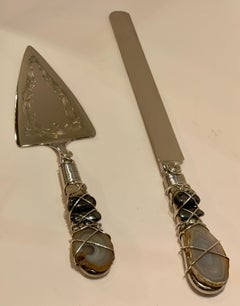 Uniquely Modern Handmade Artisan Silver and Stones Wedding Cake Server Set