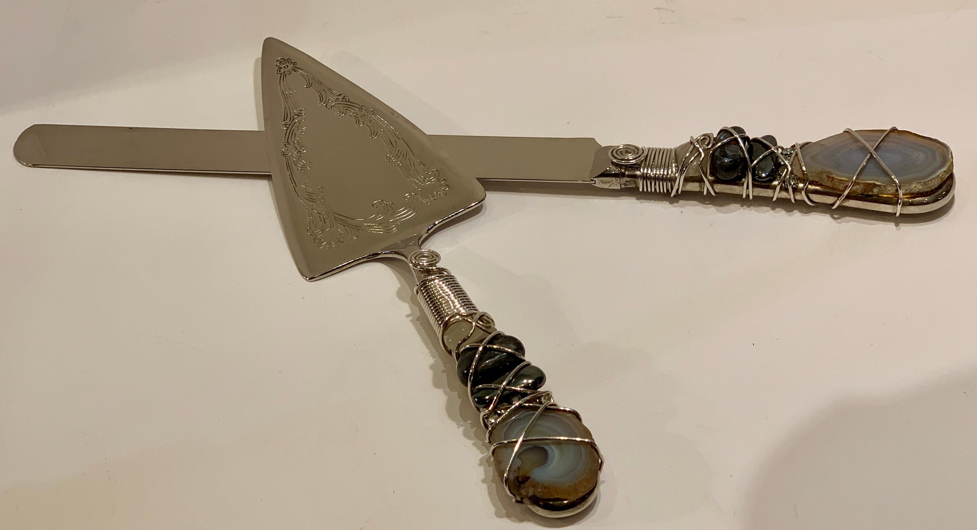 Uniquely Modern Handmade Artisan Silver and Stones Wedding Cake Server Set In Good Condition For Sale In Tustin, CA