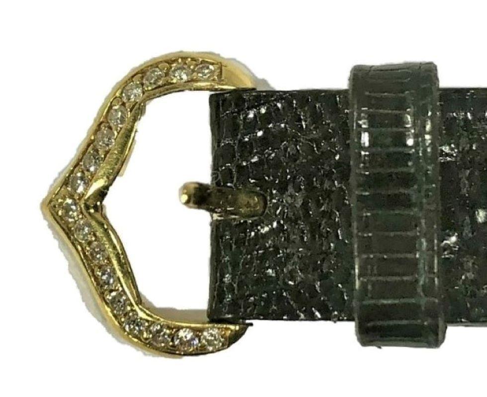 Uniquely Shaped Diamond Encrusted Yellow Gold Watch with Black Lizard Strap In Good Condition In Palm Beach, FL