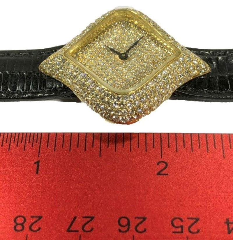 Uniquely Shaped Diamond Encrusted Yellow Gold Watch with Black Lizard Strap 2