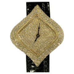 Uniquely Shaped Diamond Encrusted Yellow Gold Watch with Black Lizard Strap