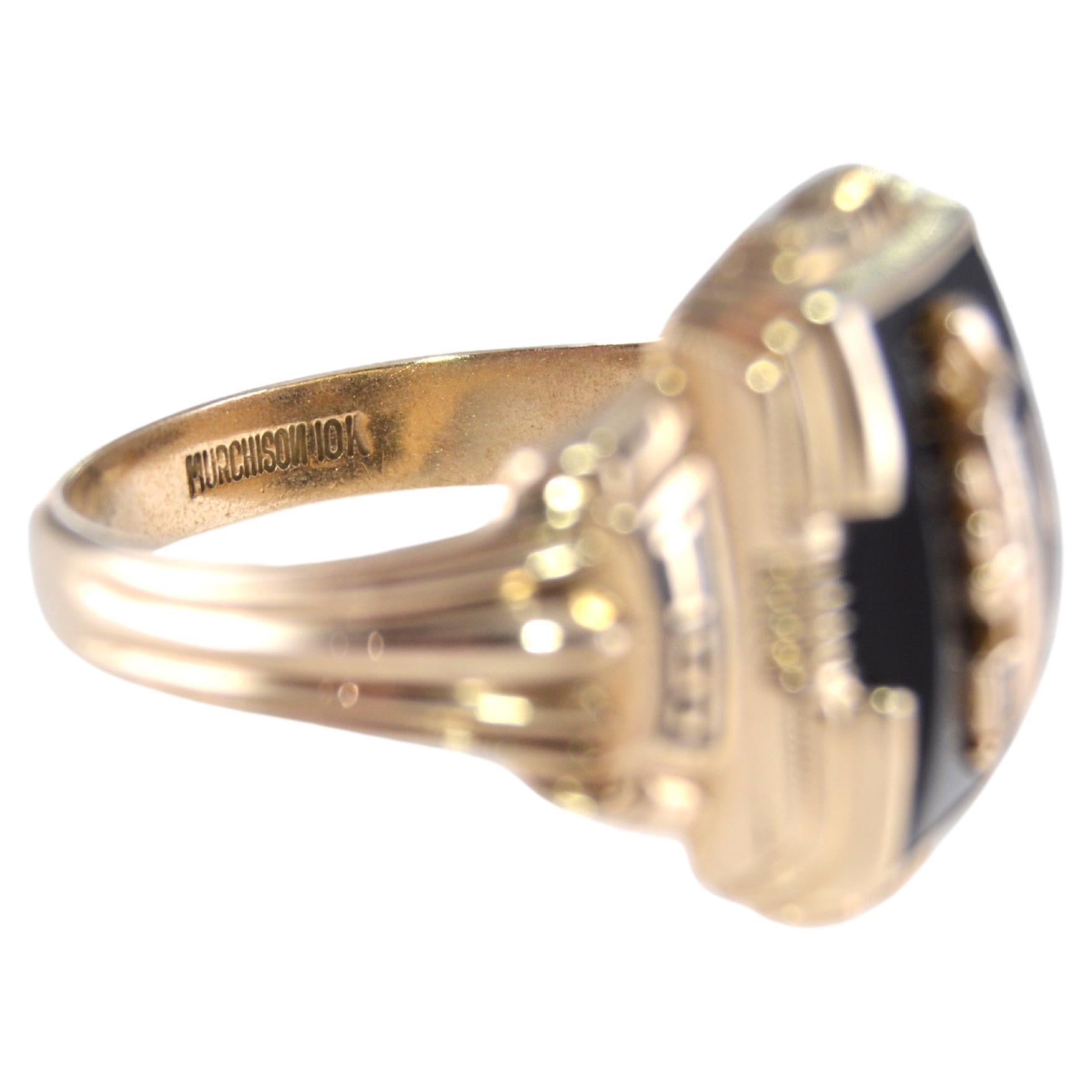 Cabochon Unisex 10 Karat Solid Yellow Gold Art Deco Style Signet Ring, Dated 1951