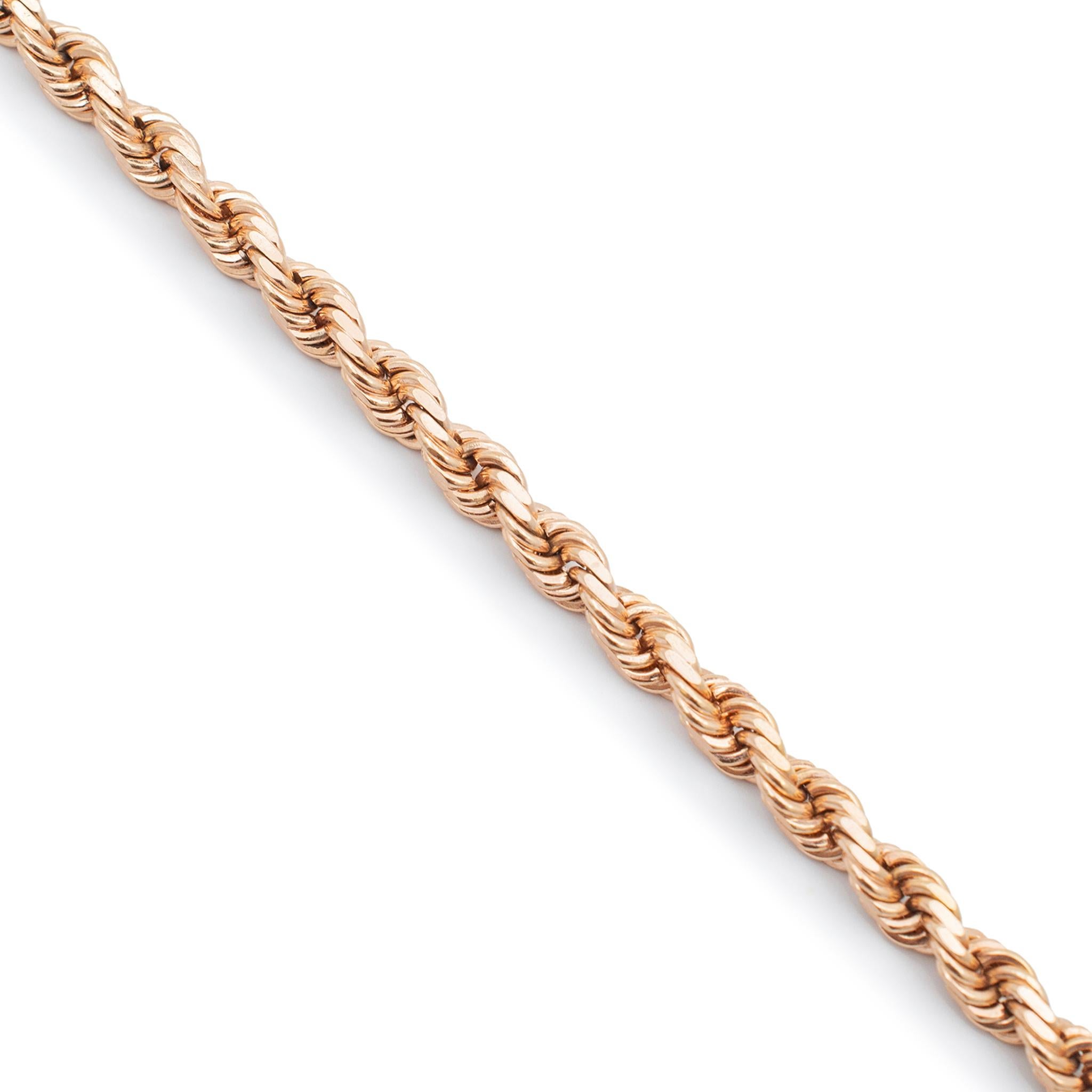 Gender: Unisex

Metal Type: 10K Rose Gold

Length: 22.00 inches

Width: 4.75 mm

Weight: 36.20 grams

10K rose gold rope link chain.  Engraved with 