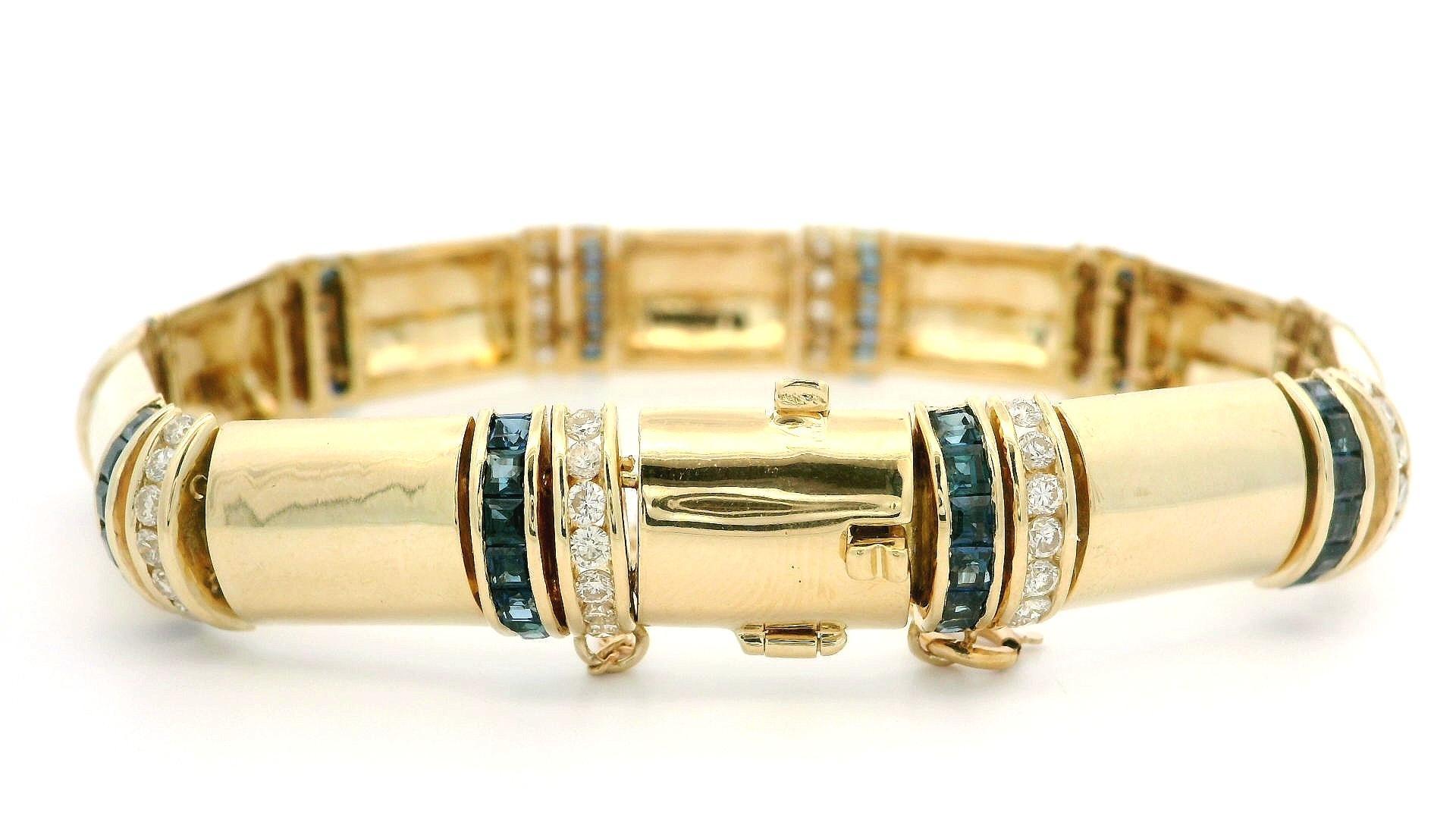 Taille carrée Bracelet à maillons unisexe en or 14 carats avec saphirs alternés et diamants de 4,75 carats en vente