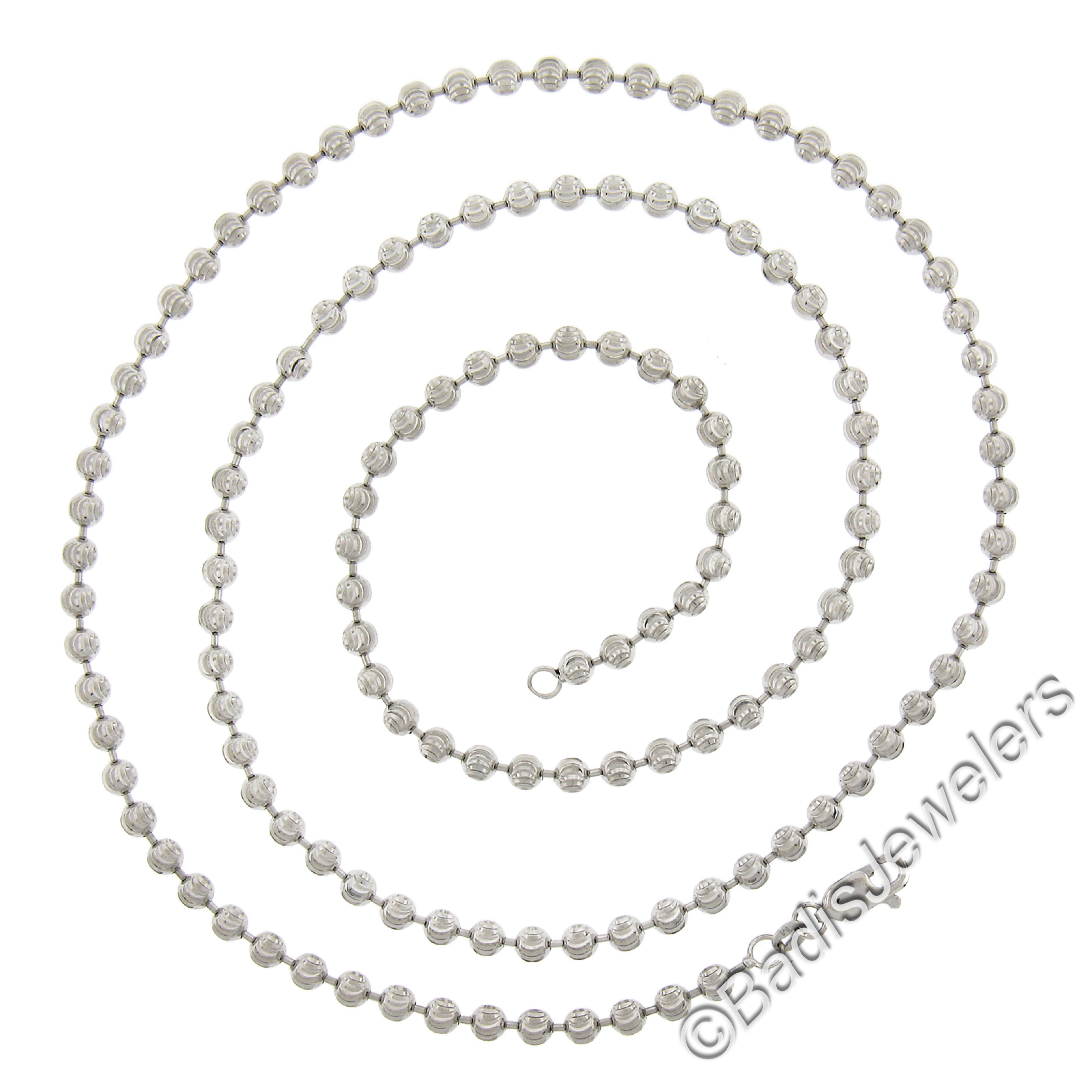 Unisex 14k White Gold 28" Long 3.9mm Moon Cut Ball Bead Chain Necklace