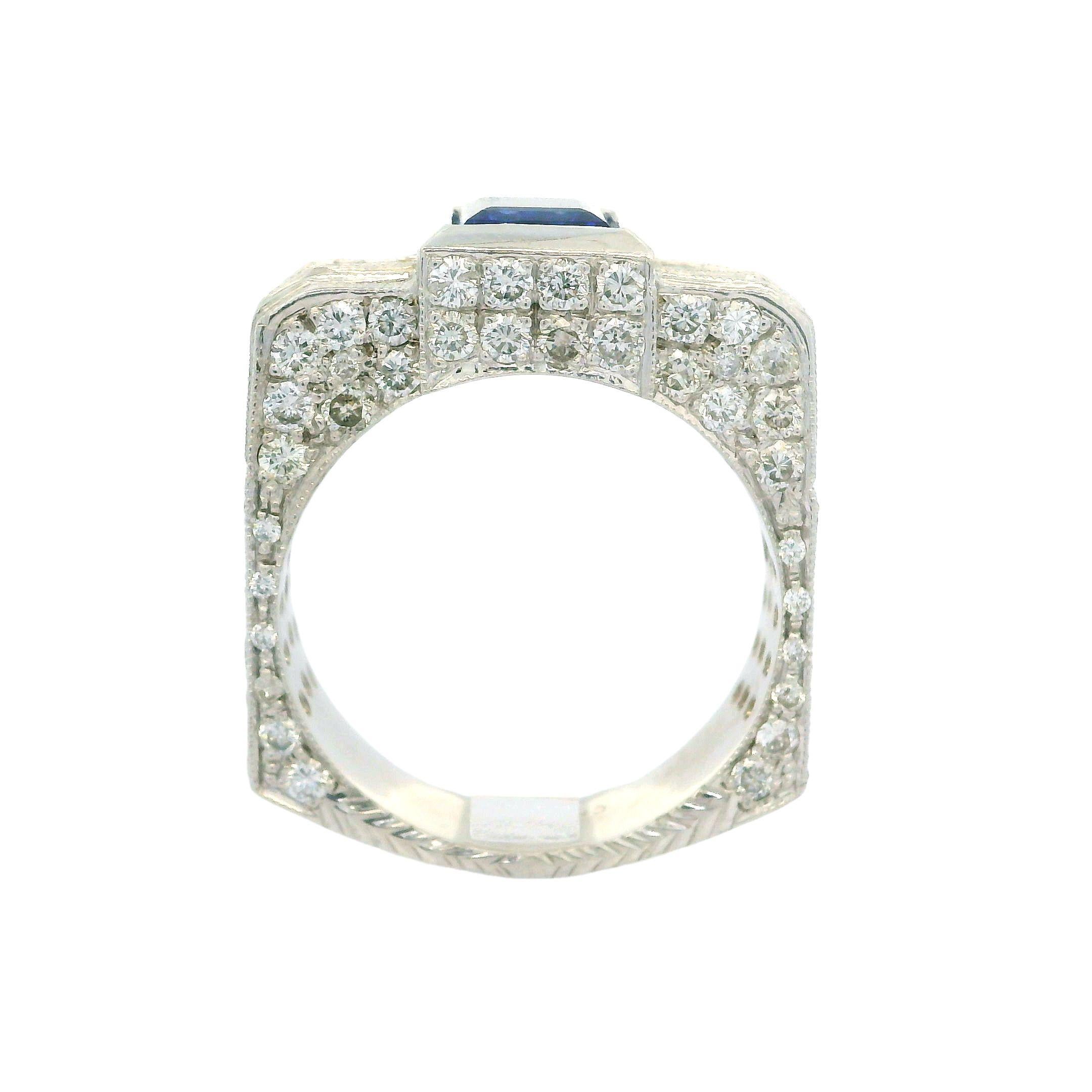 Unisex 14k White Gold Blue Stone & Diamond Covered Squared Band Ring For Sale 6