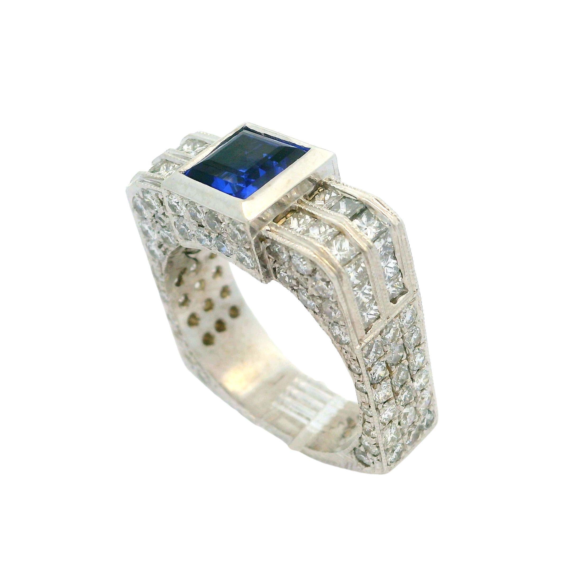 Unisex 14k White Gold Blue Stone & Diamond Covered Squared Band Ring For Sale 7