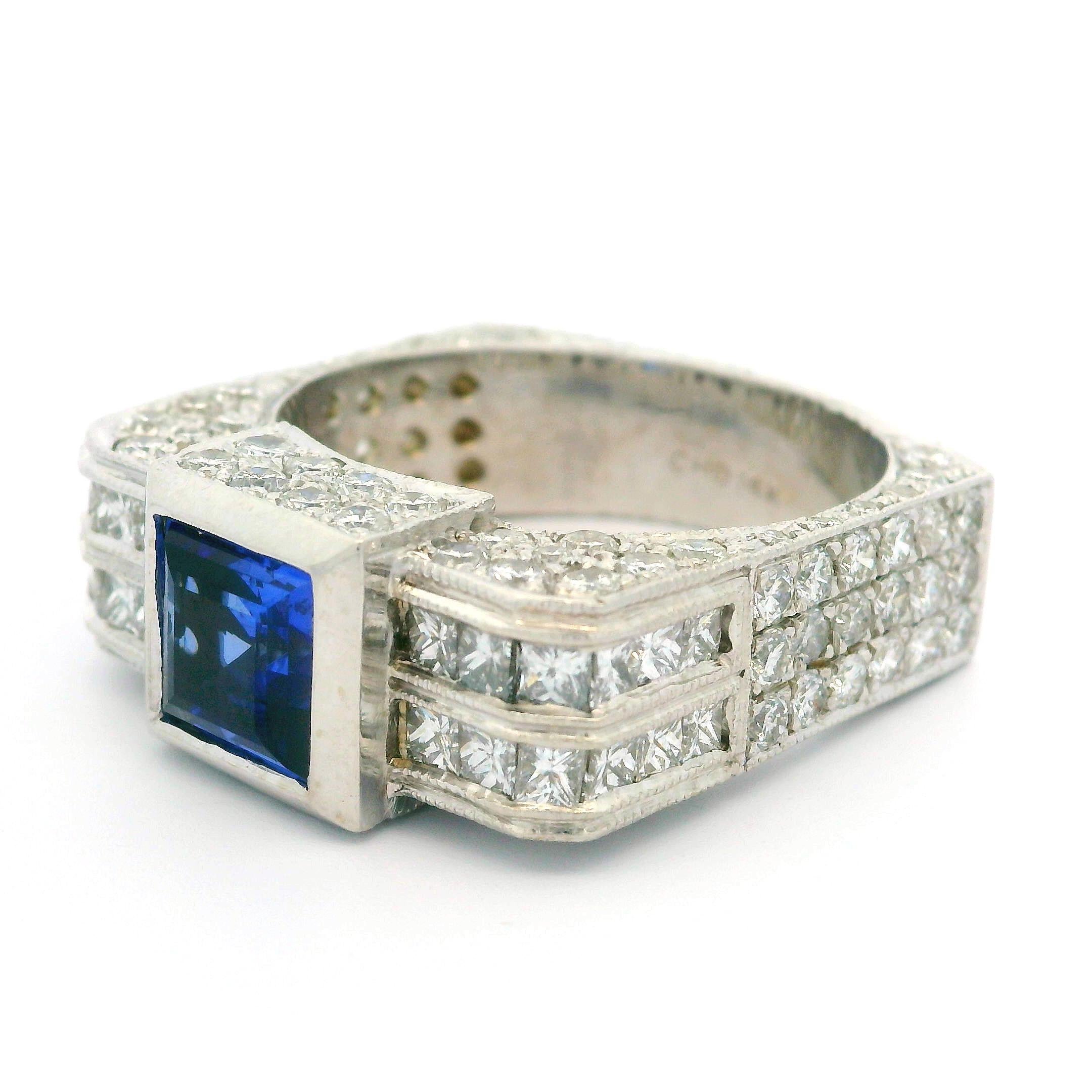 Unisex 14k White Gold Blue Stone & Diamond Covered Squared Band Ring For Sale 8