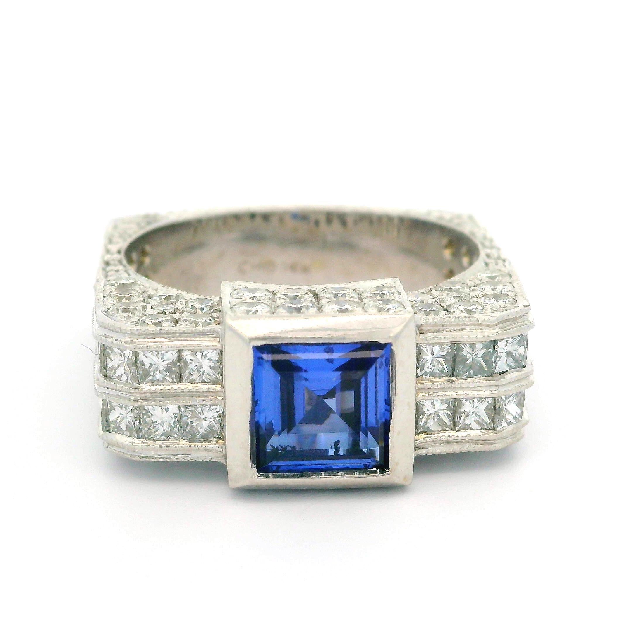 Unisex 14k White Gold Blue Stone & Diamond Covered Squared Band Ring For Sale 9