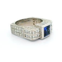 Unisex 14k White Gold Blue Stone & Diamond Covered Squared Band Ring