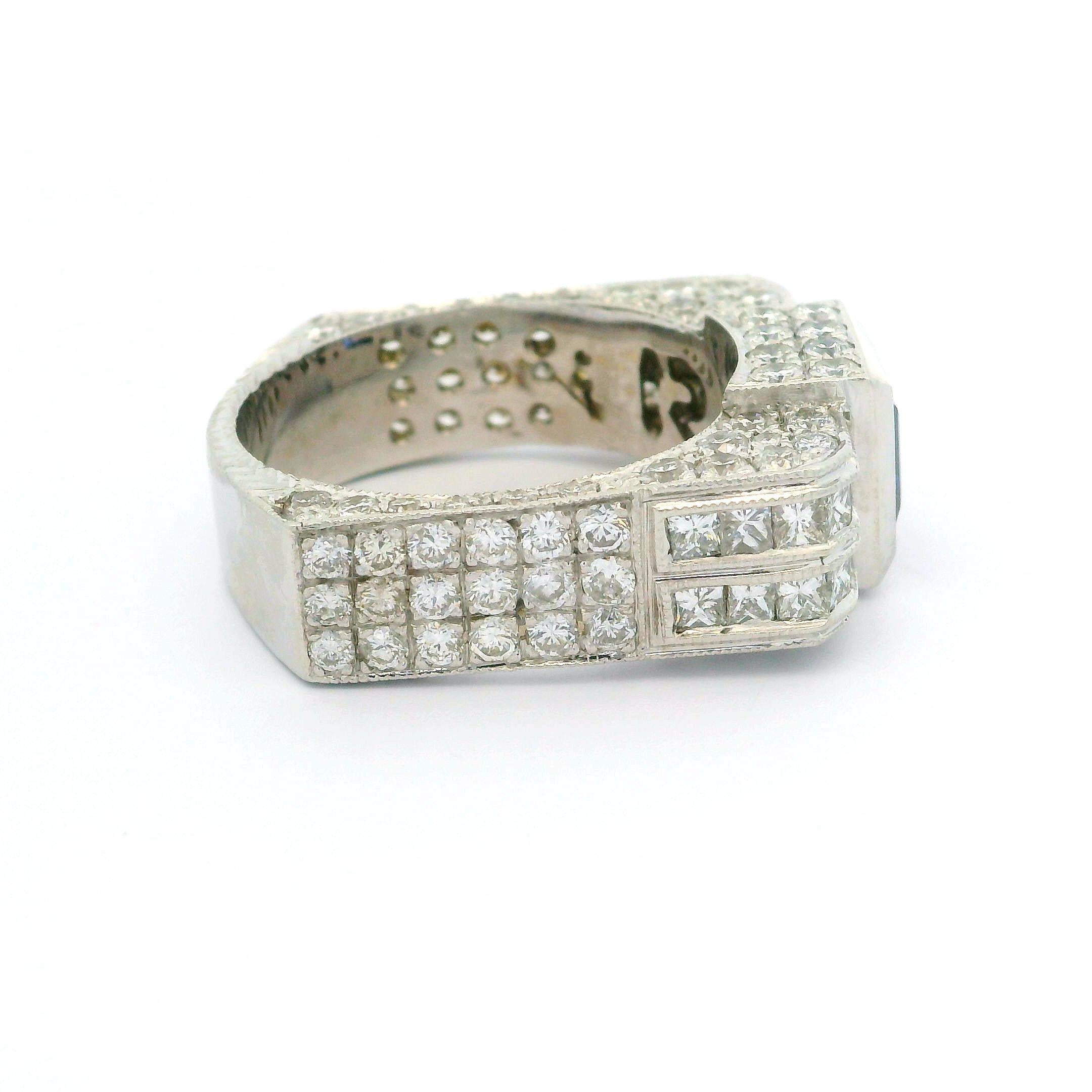 Round Cut Unisex 14k White Gold Blue Stone & Diamond Covered Squared Band Ring For Sale