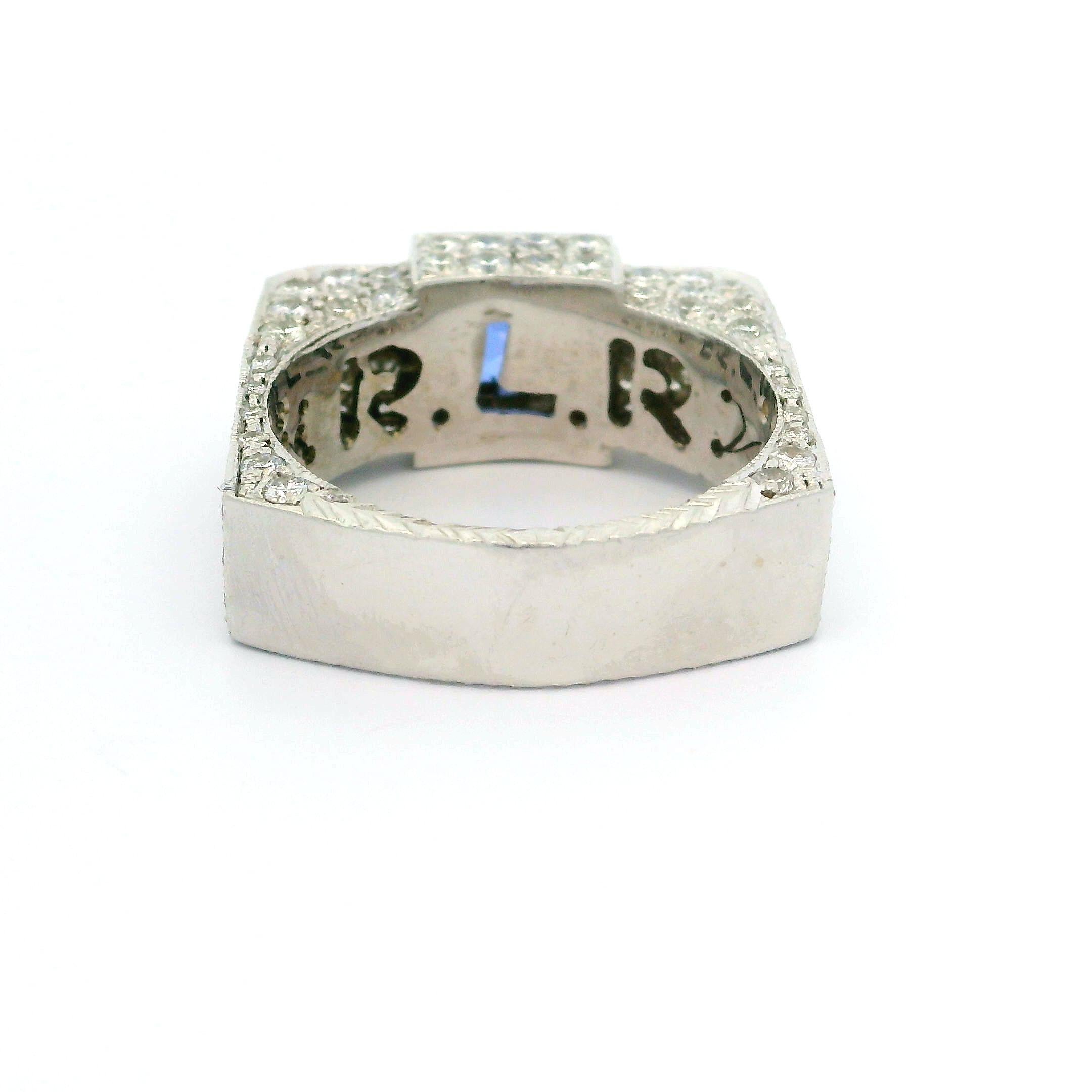 Unisex 14k White Gold Blue Stone & Diamond Covered Squared Band Ring For Sale 1