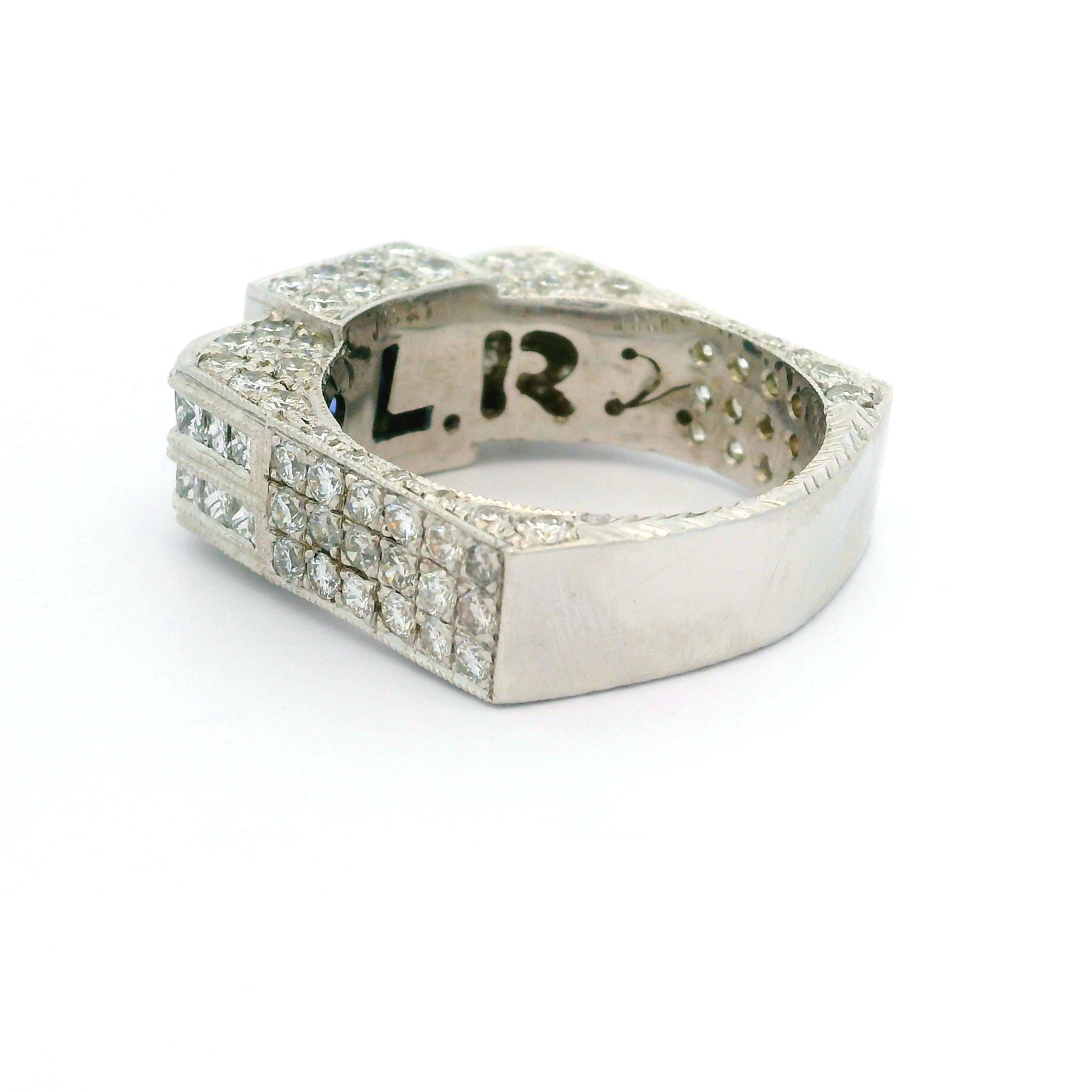 Unisex 14k White Gold Blue Stone & Diamond Covered Squared Band Ring For Sale 2