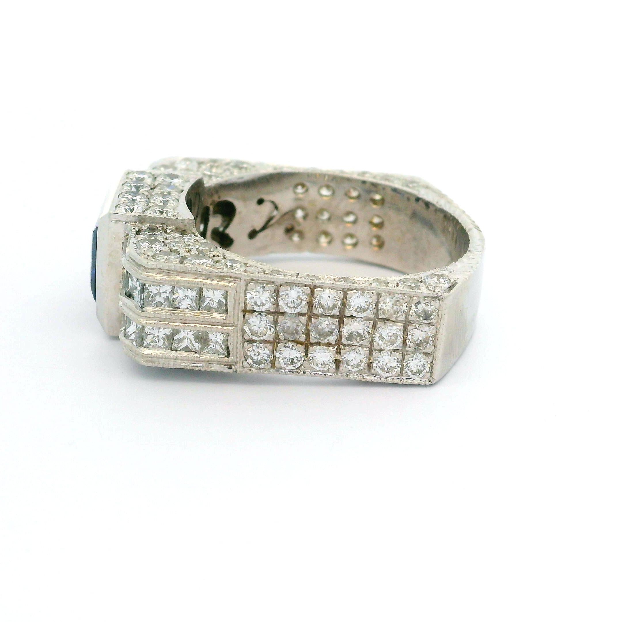Unisex 14k White Gold Blue Stone & Diamond Covered Squared Band Ring For Sale 3