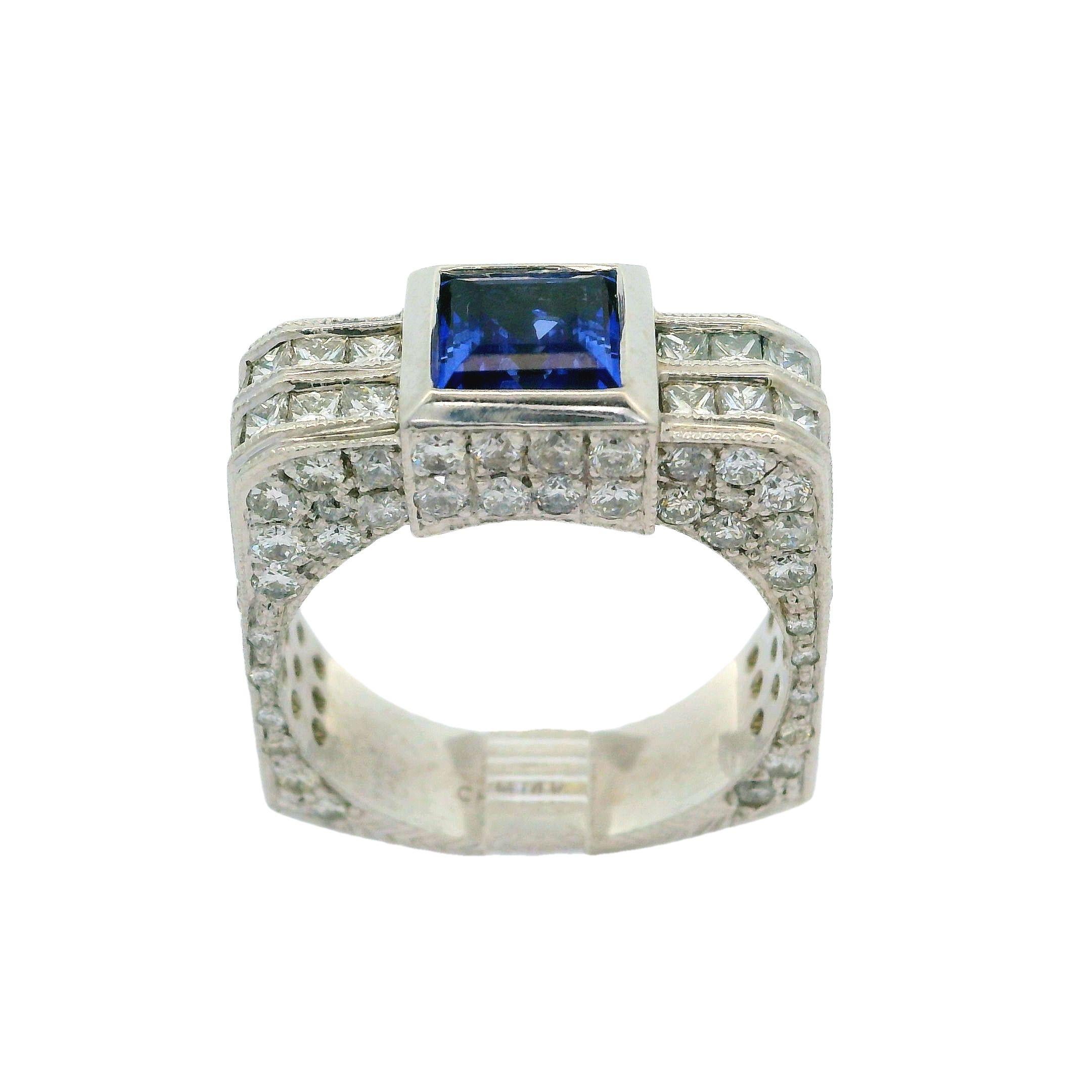 Unisex 14k White Gold Blue Stone & Diamond Covered Squared Band Ring For Sale 4