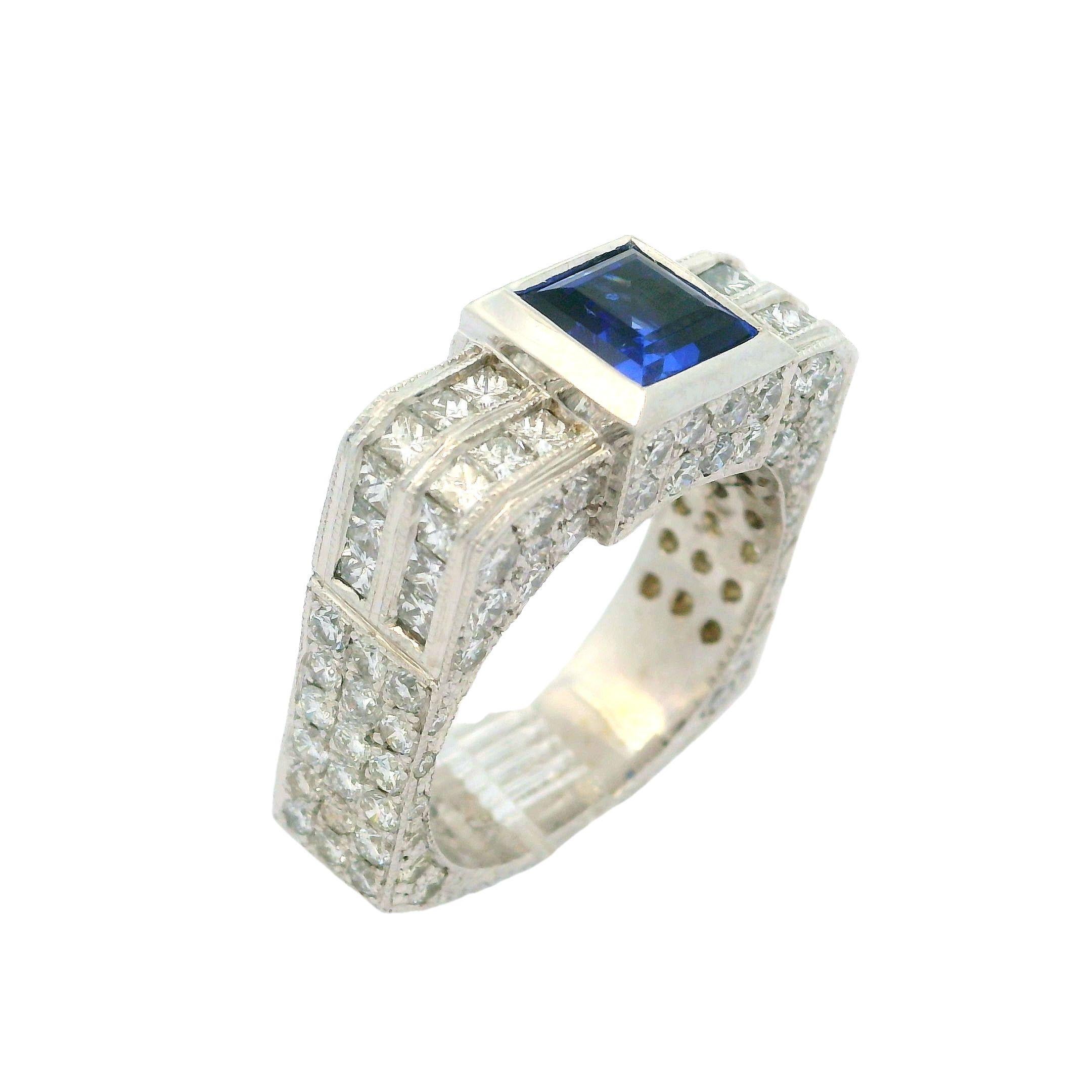 Unisex 14k White Gold Blue Stone & Diamond Covered Squared Band Ring For Sale 5