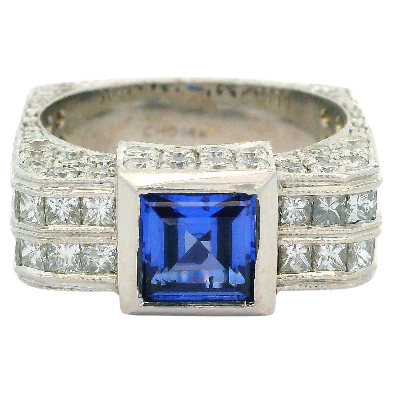 Unisex 14k White Gold Blue Stone & Diamond Covered Squared Band Ring For Sale