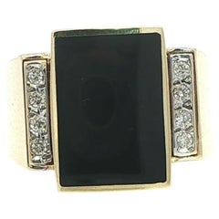 Unisex 14k Yellow Gold Inlaid Rectangular Black Onyx w/ Diamond Sides Ring