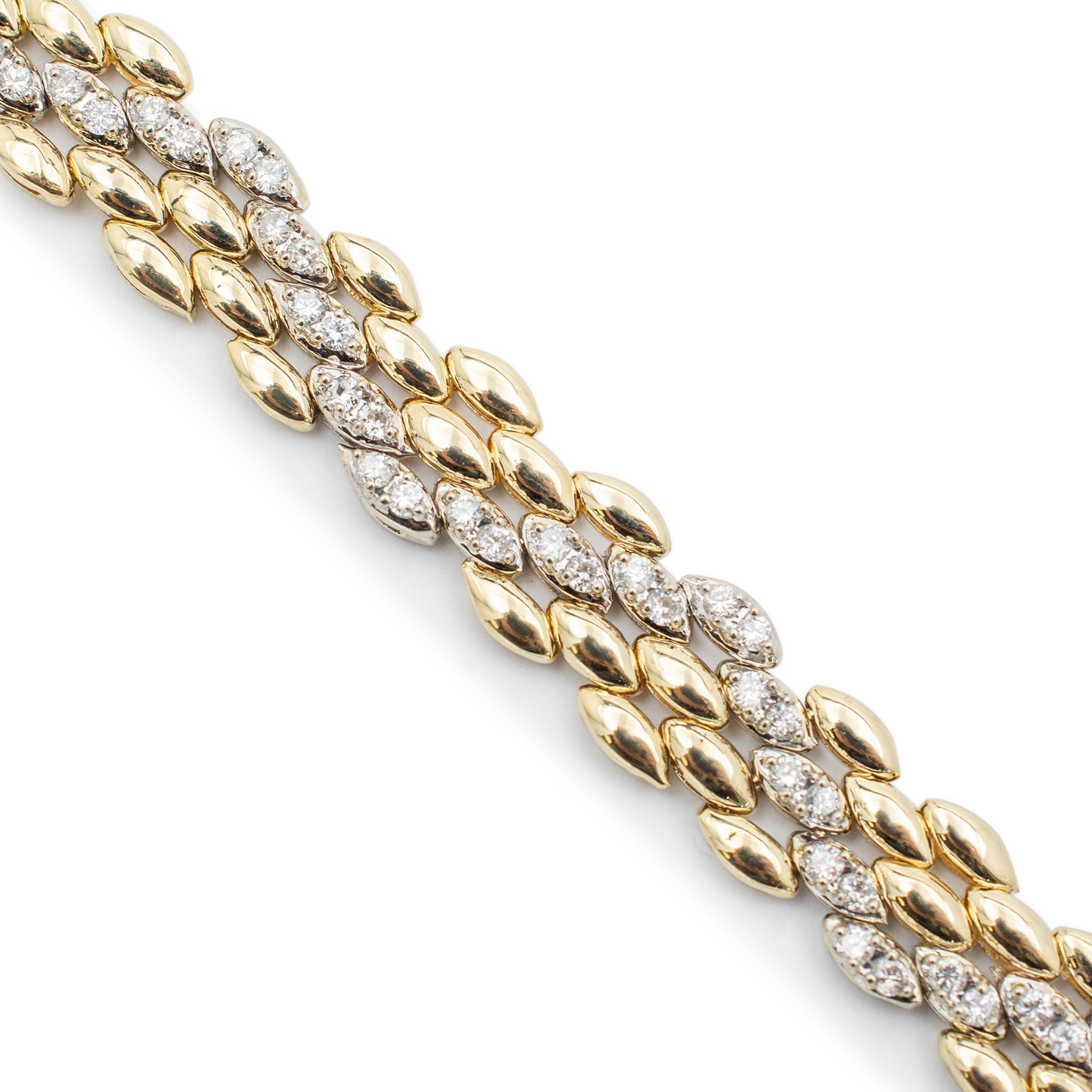 Gender: Unisex

Material: 14K Yellow & White Gold

Length: 7.00 inches

Width: 8.45mm

Weight: 16.30 grams

Custom made polished 14K white & yellow gold, diamond link bracelet. Engraved with 