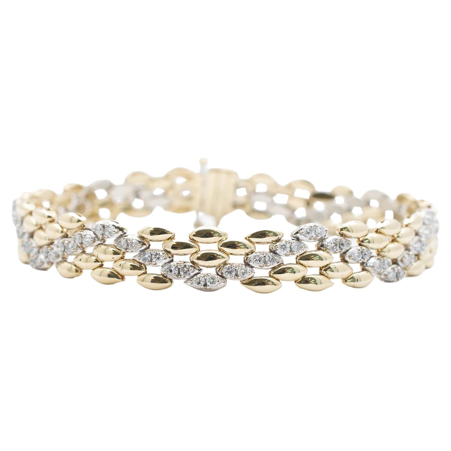 Bracelet unisexe à maillons en or jaune et blanc 14 carats avec diamants