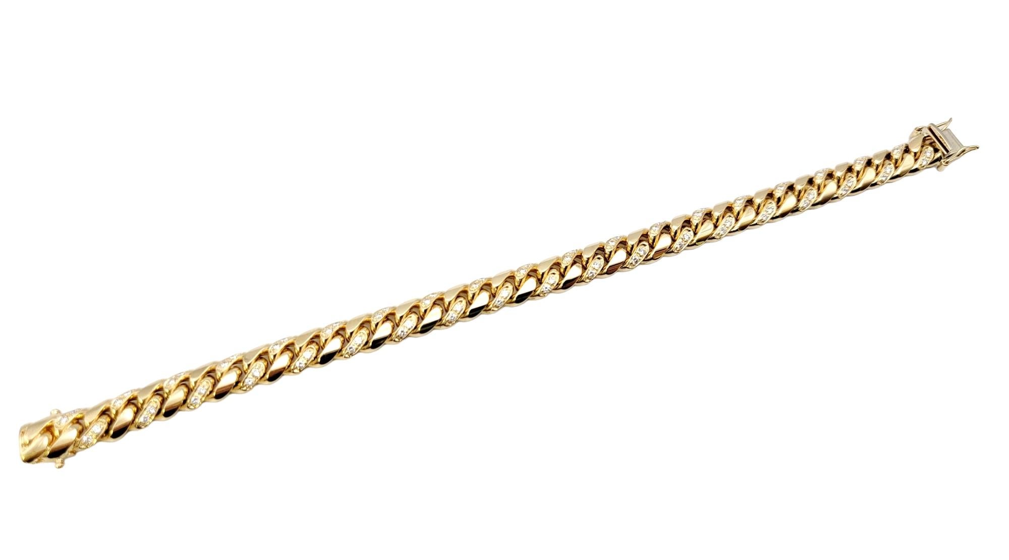 Unisex 14 Karat Yellow Gold Curb Link Bracelet with Pave Diamond Accents For Sale 4