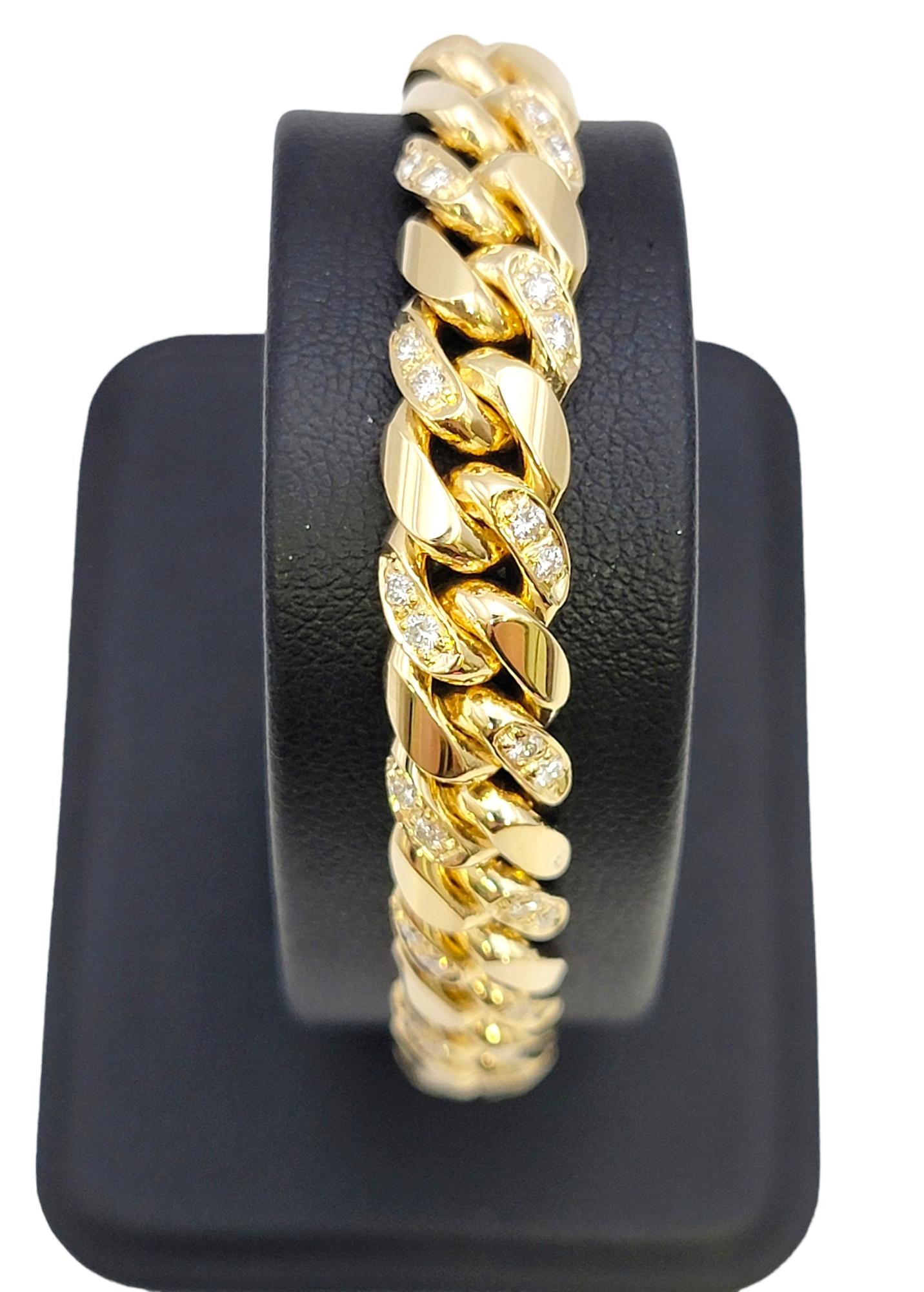 Unisex 14 Karat Yellow Gold Curb Link Bracelet with Pave Diamond Accents For Sale 6