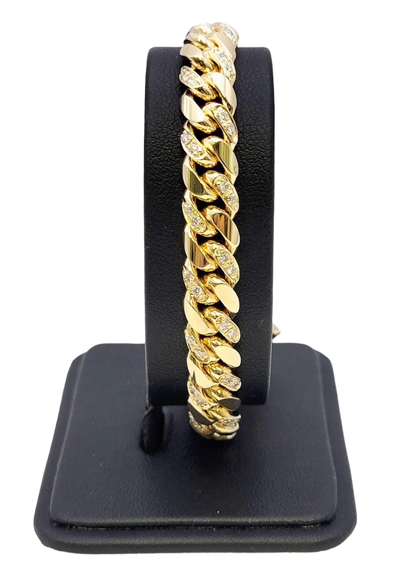 Unisex 14 Karat Yellow Gold Curb Link Bracelet with Pave Diamond Accents For Sale 7