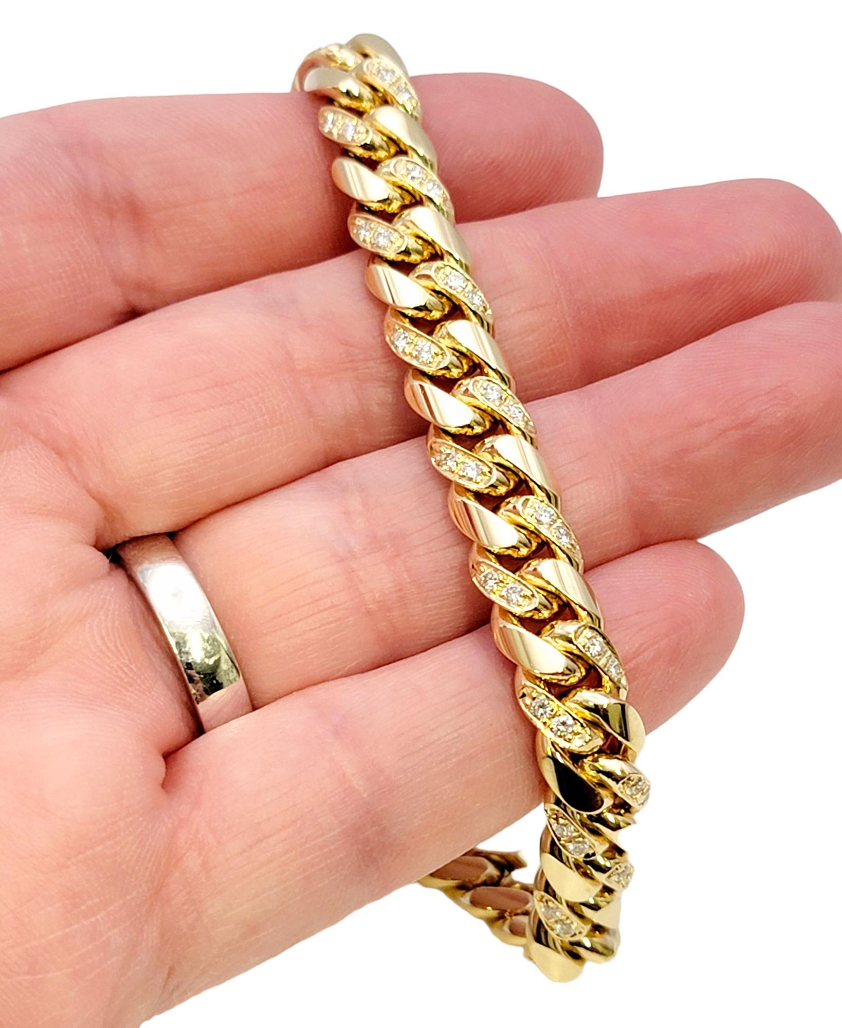 Unisex 14 Karat Yellow Gold Curb Link Bracelet with Pave Diamond Accents For Sale 9