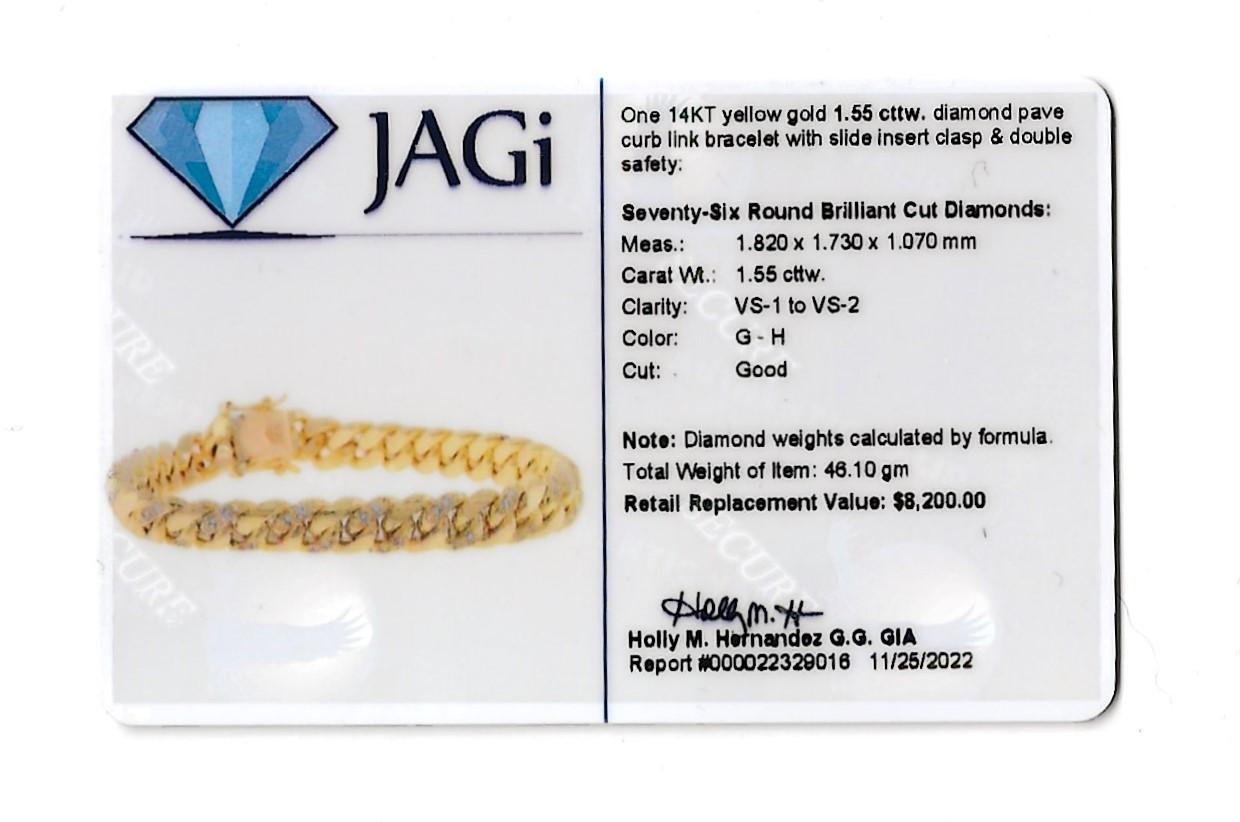 Unisex 14 Karat Yellow Gold Curb Link Bracelet with Pave Diamond Accents For Sale 12