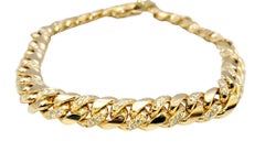 Unisex 14 Karat Yellow Gold Curb Link Bracelet with Pave Diamond Accents