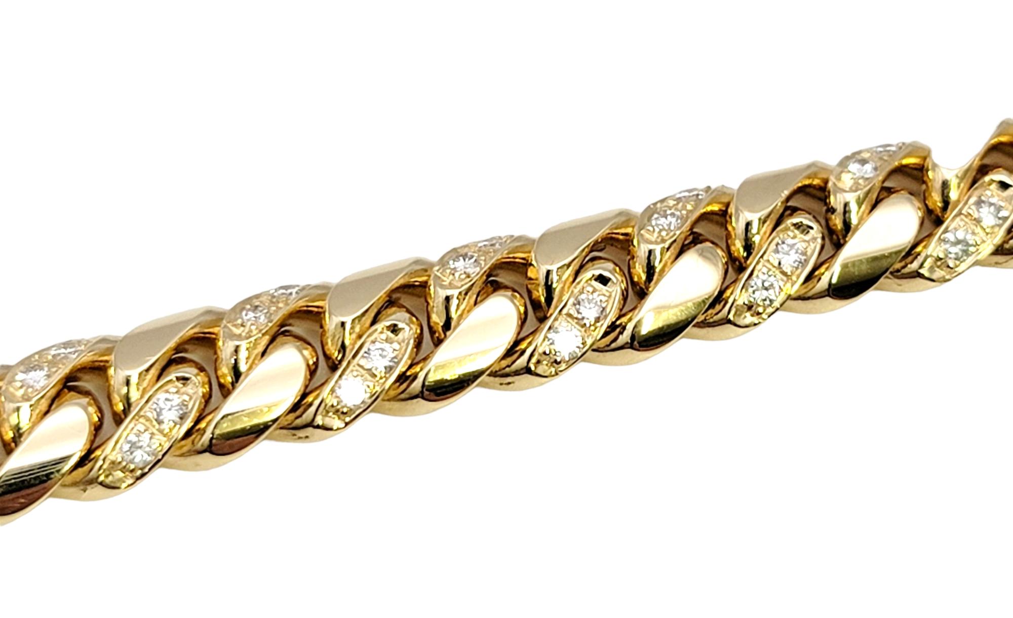 Contemporary Unisex 14 Karat Yellow Gold Curb Link Bracelet with Pave Diamond Accents For Sale