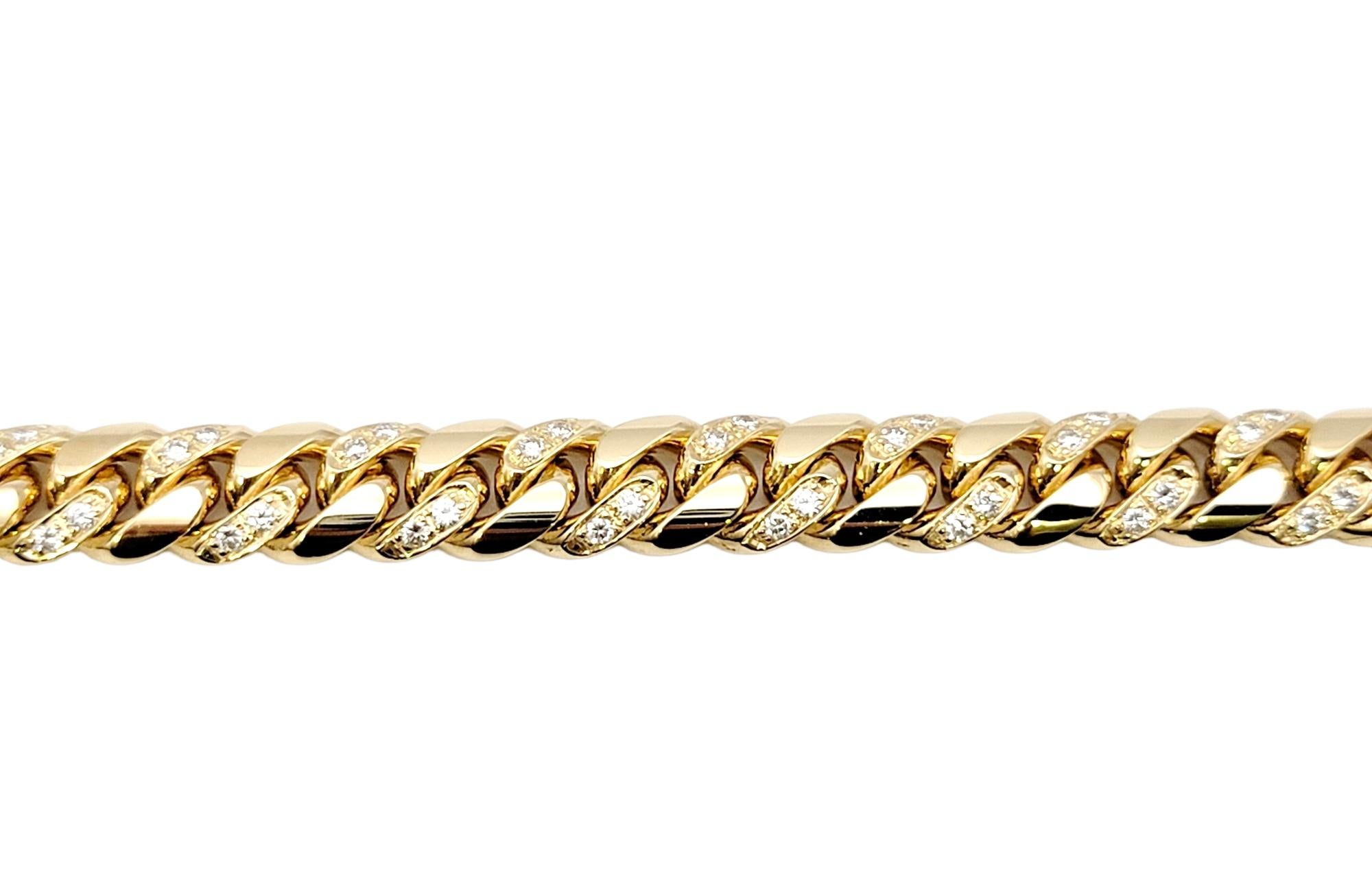 Round Cut Unisex 14 Karat Yellow Gold Curb Link Bracelet with Pave Diamond Accents For Sale