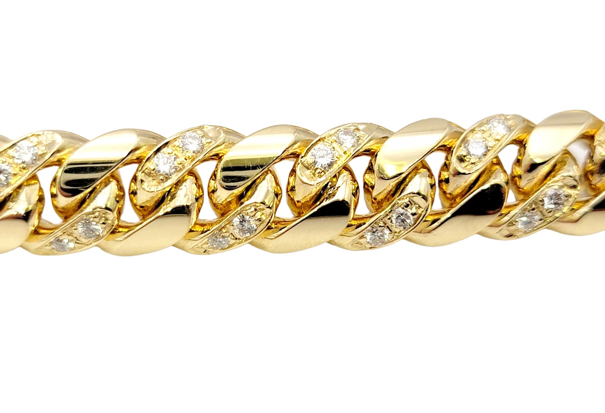 Unisex 14 Karat Yellow Gold Curb Link Bracelet with Pave Diamond Accents In Good Condition For Sale In Scottsdale, AZ