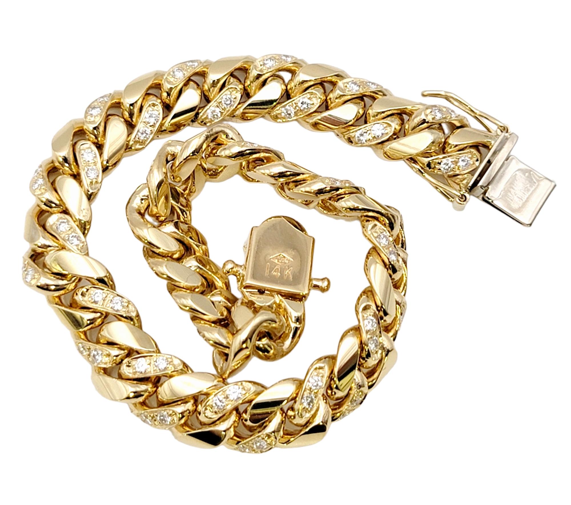 Unisex 14 Karat Yellow Gold Curb Link Bracelet with Pave Diamond Accents For Sale 1