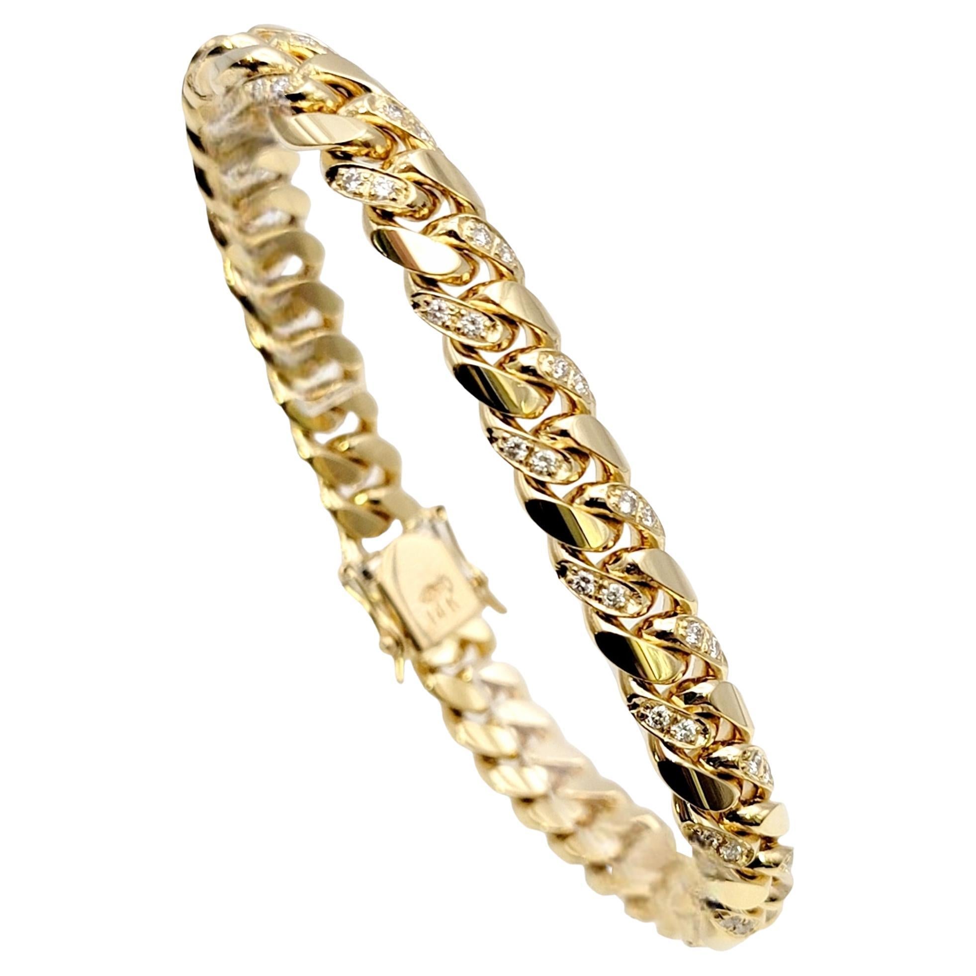 Unisex 14 Karat Yellow Gold Curb Link Bracelet with Pave Diamond Accents For Sale