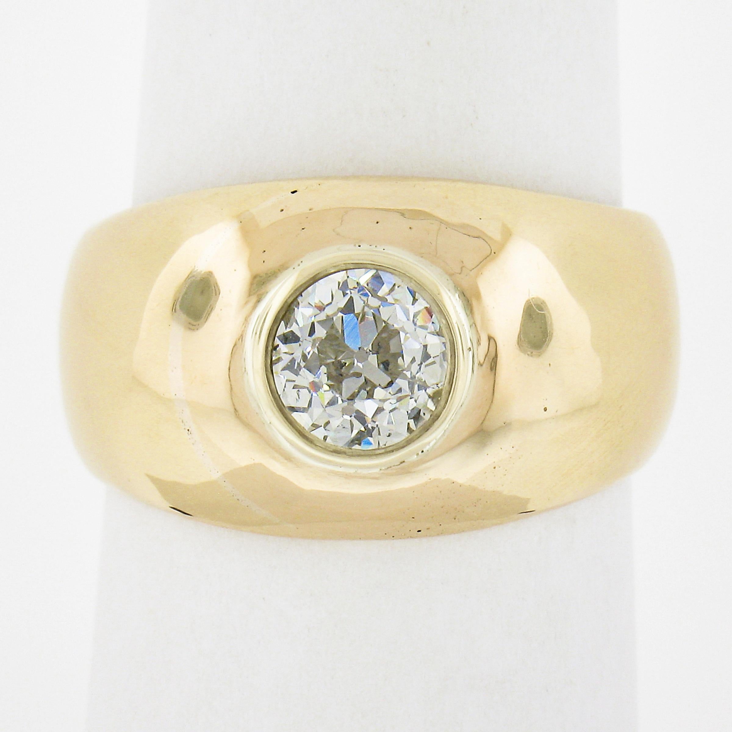 --Stone(s):--
(1) Natural Genuine Diamond - Old European Cut - Bezel Set - L/M Color - SI2 Clarity
Total Carat Weight:	1.02 (exact)

Material: Solid 18k Yellow Gold 
Weight: 12.87 Grams
Ring Size: 7.5 (Fitted on a finger. We can custom size this